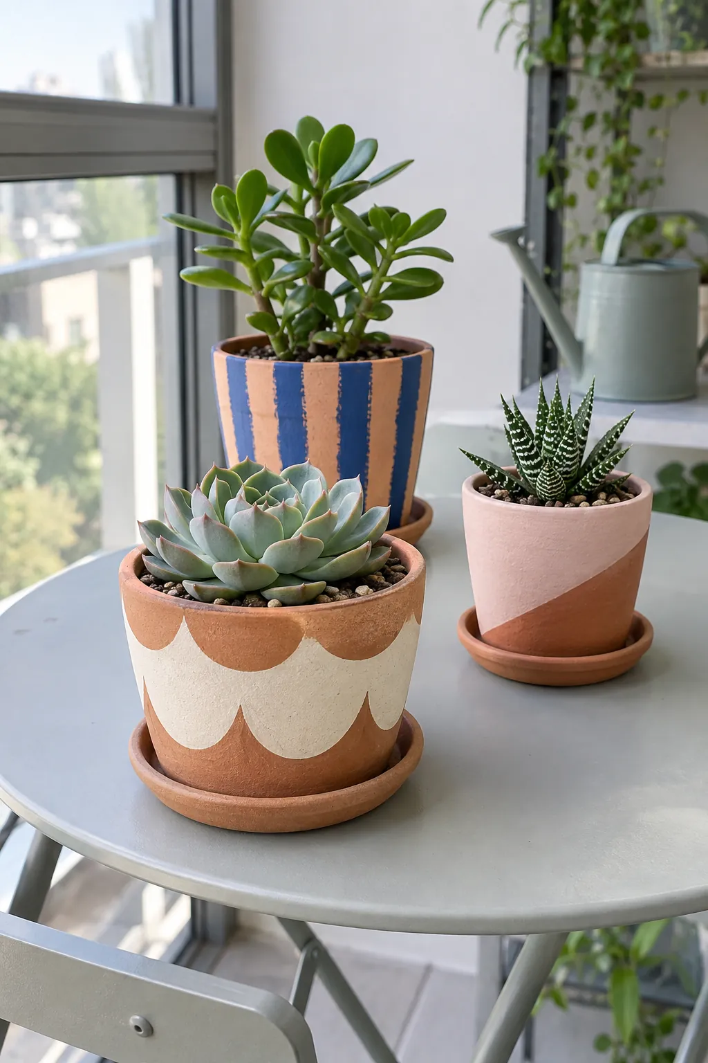 Three hand painted succulent pots with cream scallops, cobalt stripes, and blush color blocking