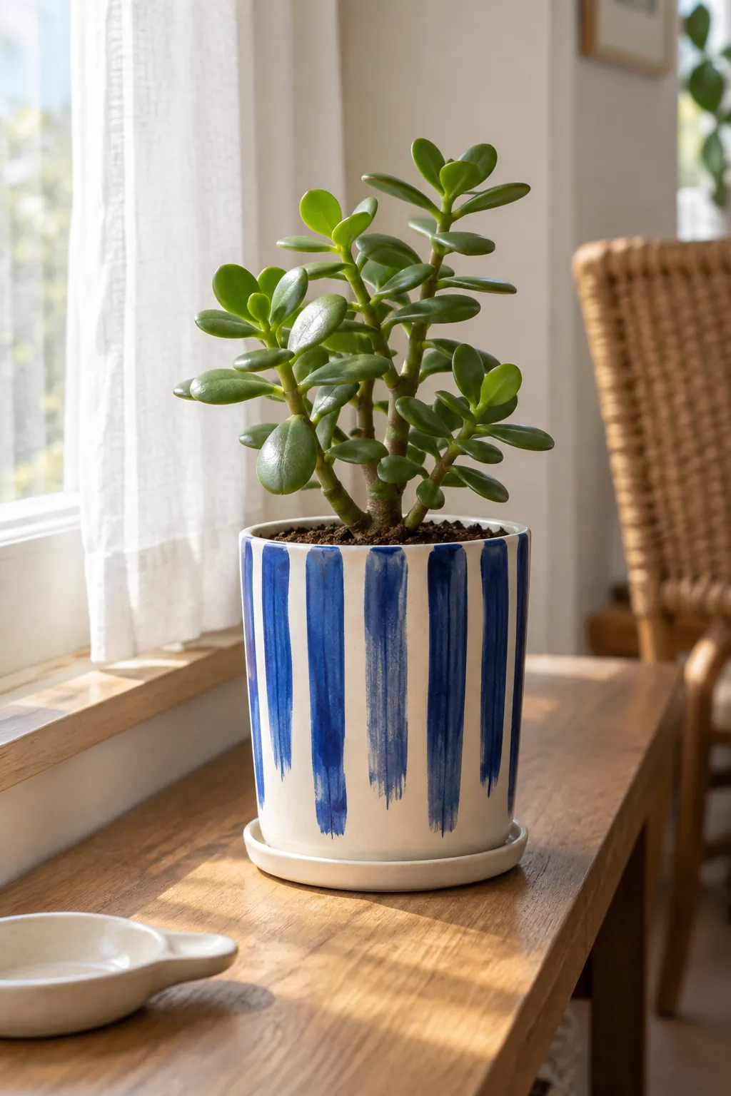 Cobalt vertical brushstroke stripes on an off-white pot containing an upright jade cutting