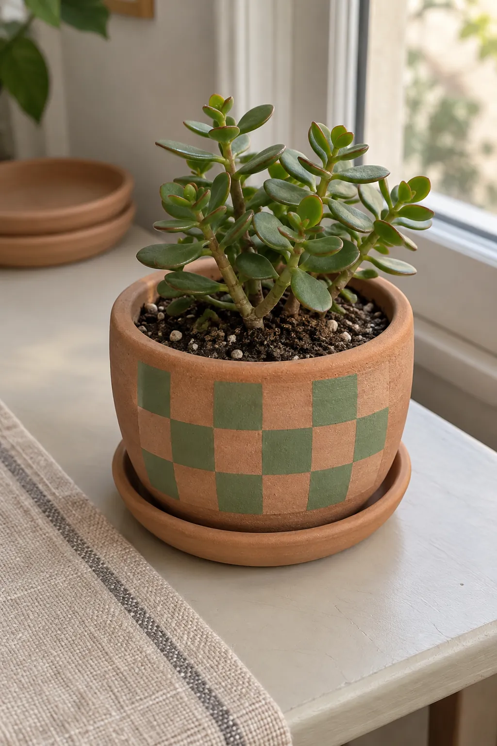 A front panel of sage and bare-clay checkerboard on a squat pot with a small crassula