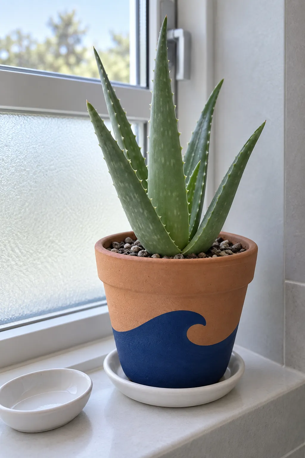 One deep blue wave painted around the base of a terracotta pot with an upright aloe