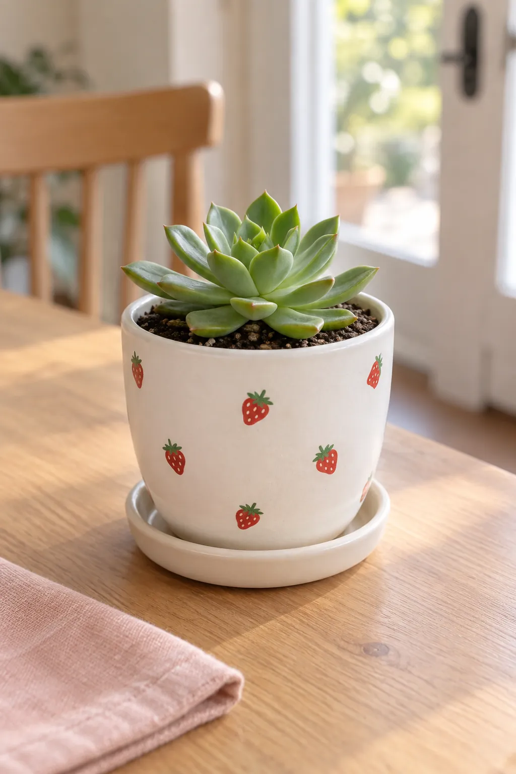 Widely spaced tiny red strawberries on a white succulent planter