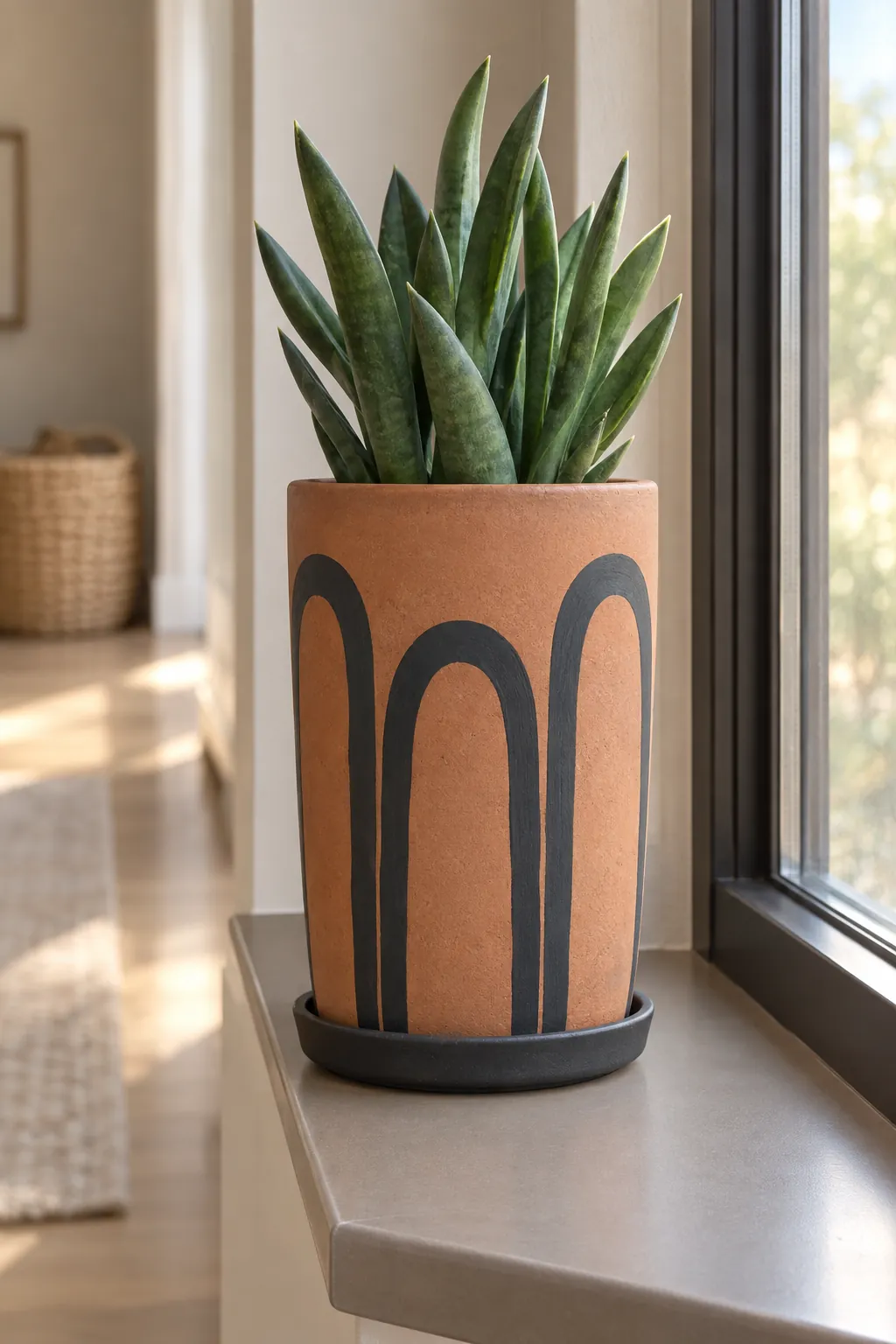 Tall charcoal arches painted on bare clay around an upright succulent pot