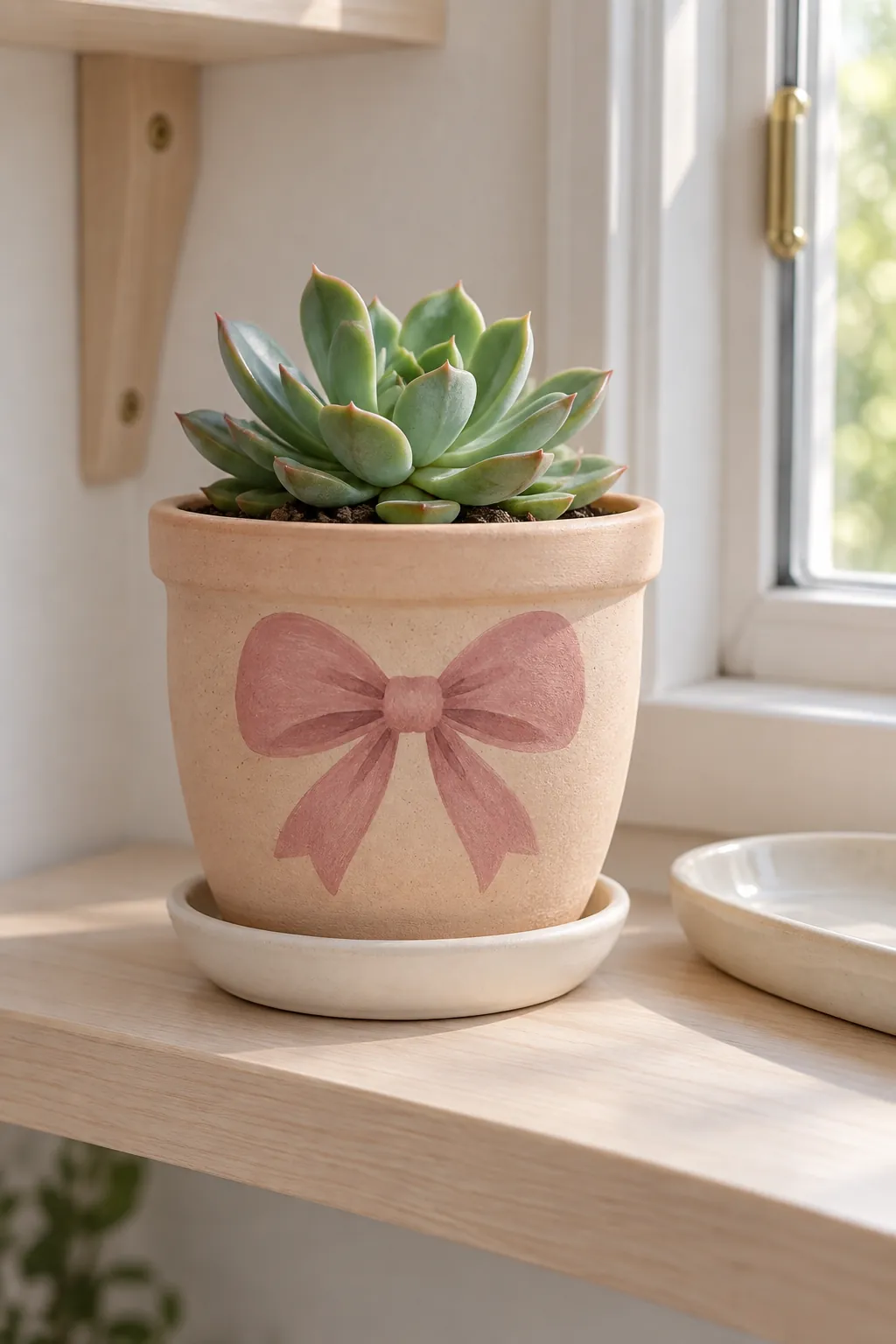 A dusty rose painted bow on a plain light clay pot with a petite rosette
