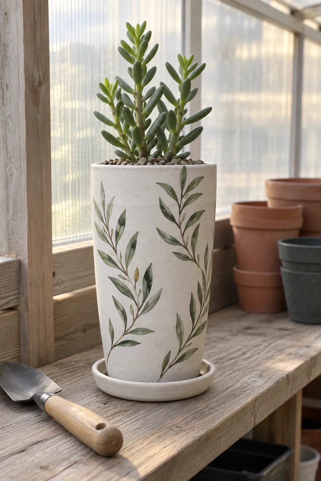 Loose olive-leaf sprigs painted on a tall pale planter with a narrow upright succulent