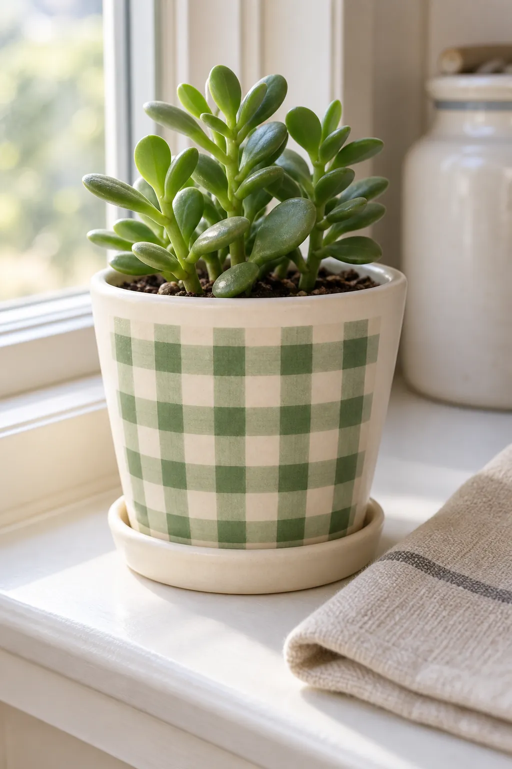 Three-tone sage gingham on a broad front panel of a cream succulent pot