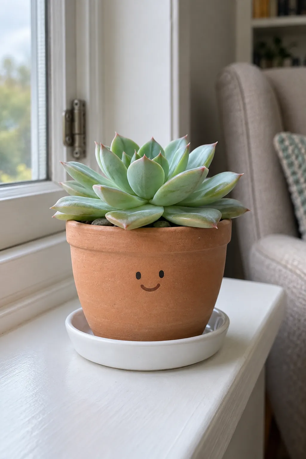 A tiny smiling face painted on a plain peach-clay pot under a low succulent rosette