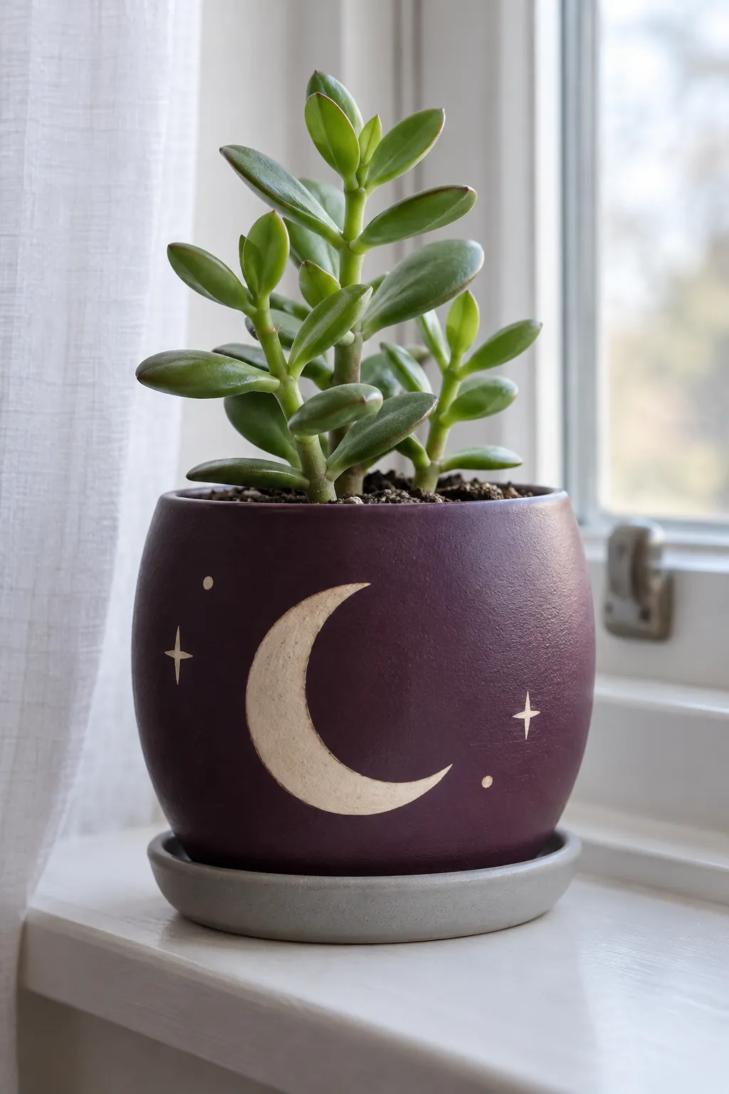 A cream crescent and sparse stars on a deep plum pot holding a small upright succulent