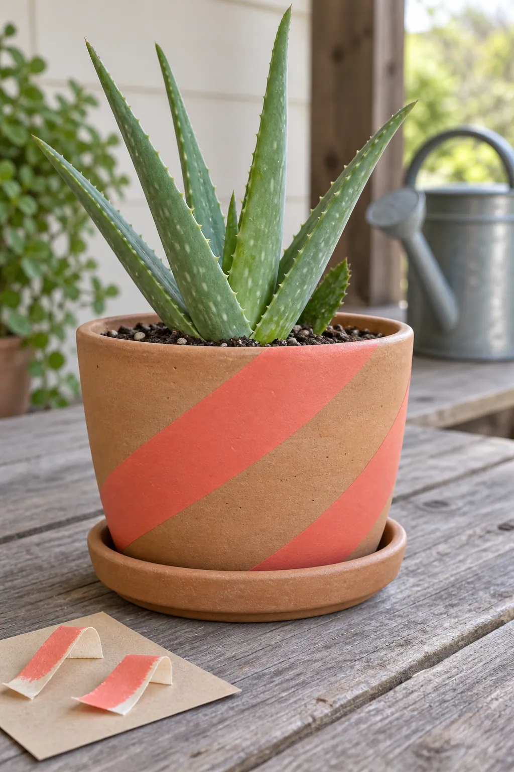 Coral diagonal bands on a squat clay pot holding a young aloe