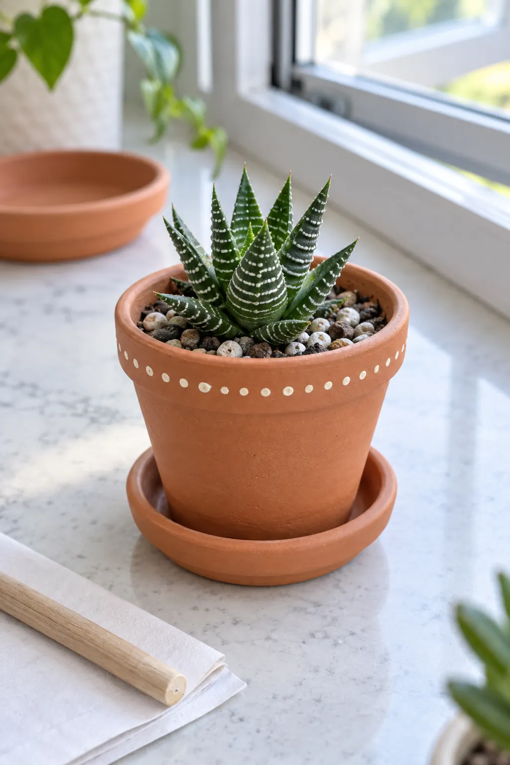 A single fine cream dotted border just under a terracotta pot rim with a tiny haworthia