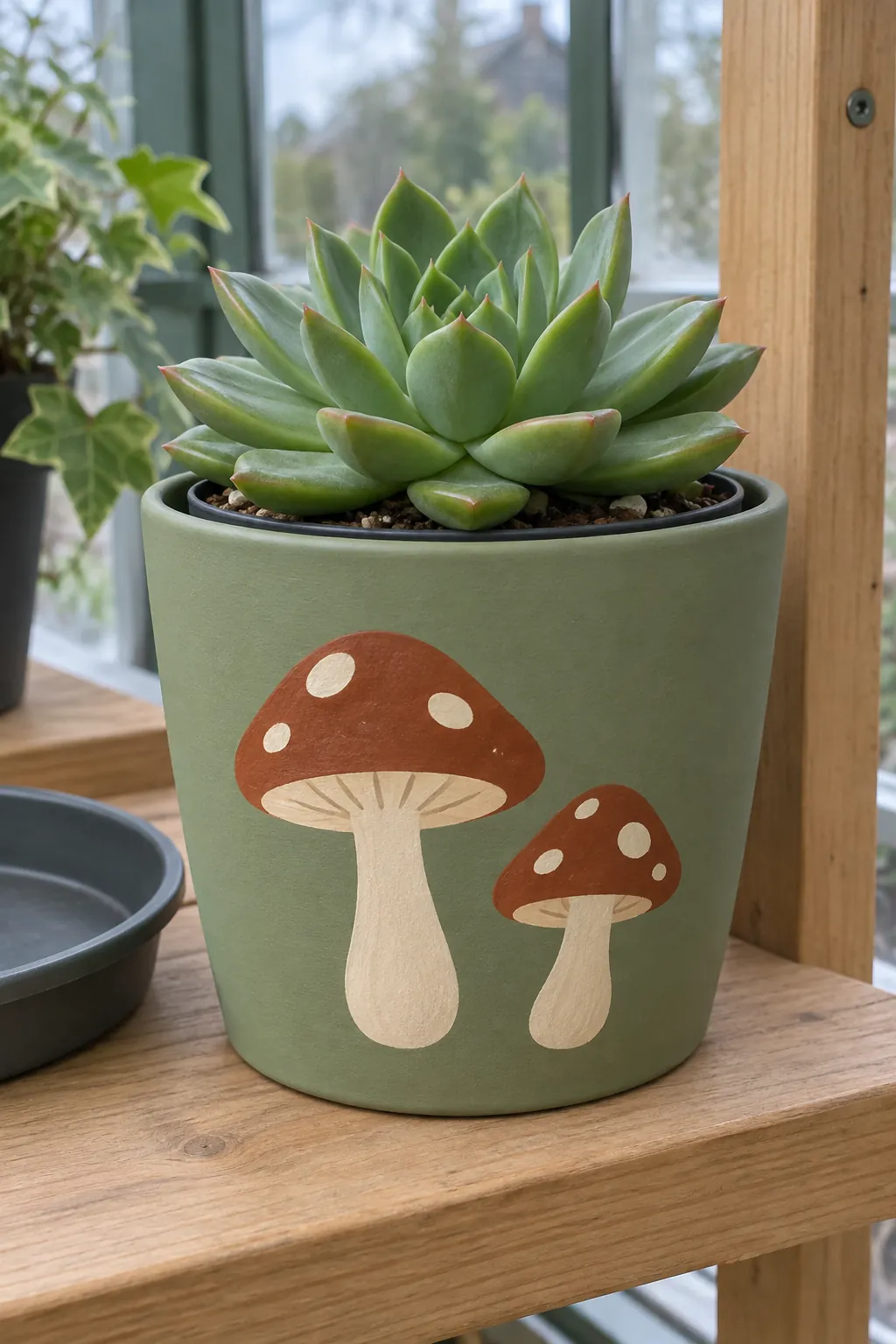 Two painted russet mushrooms on a muted green cover pot holding a removable nursery pot succulent