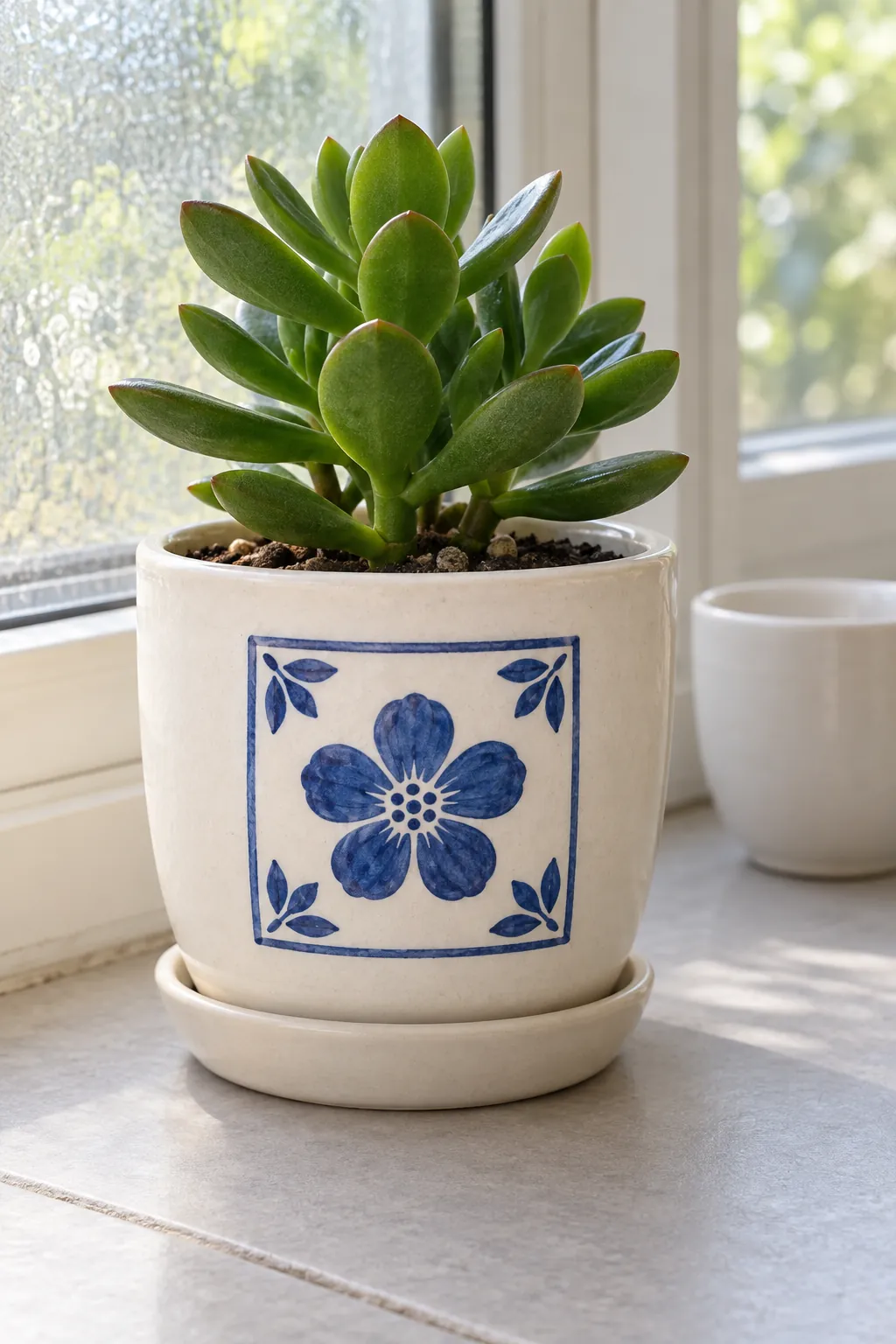 A simple cobalt flower and corner leaves inside a tile-inspired panel on a pale pot