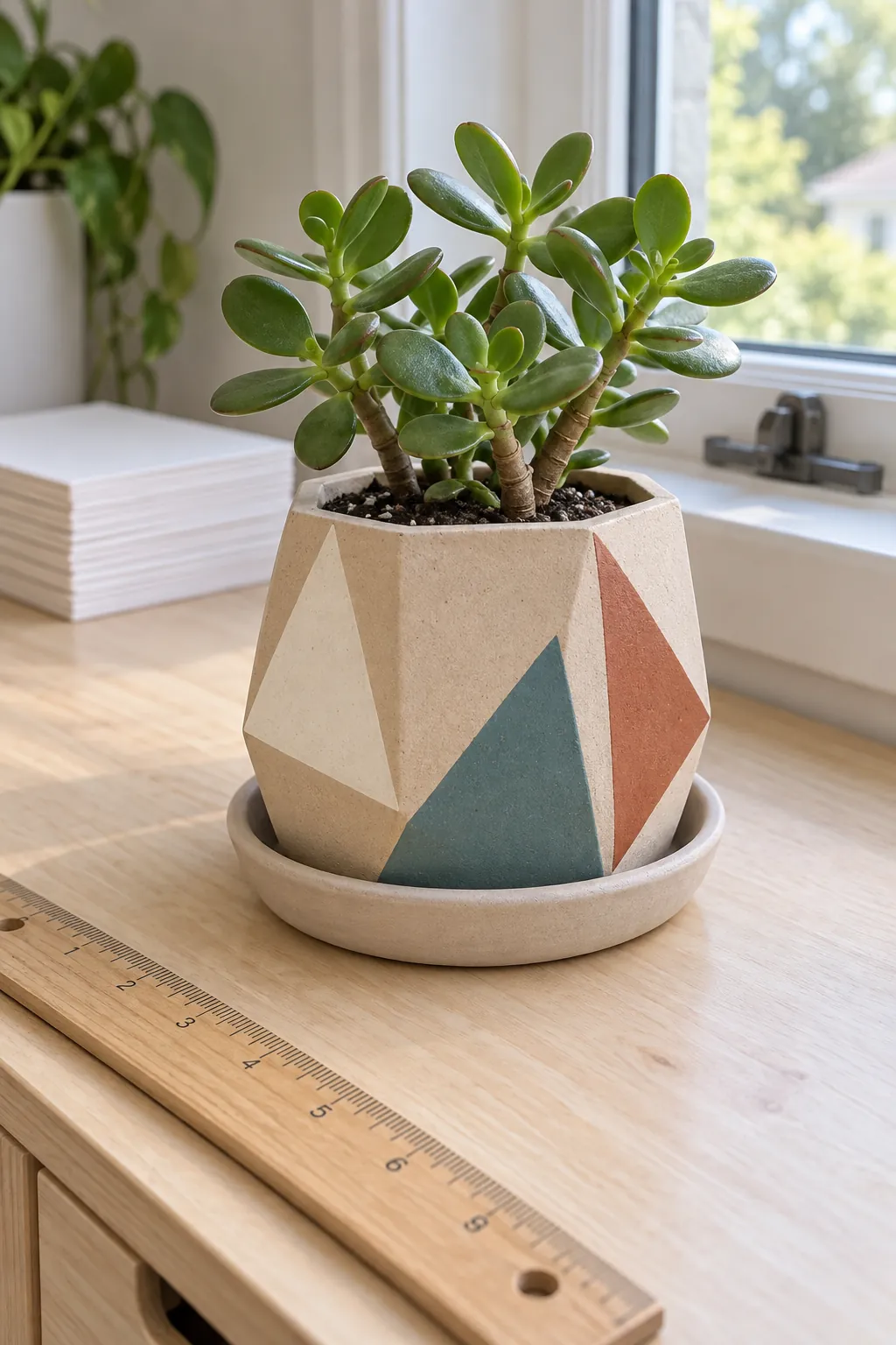 Three muted geometric triangles on a flat-sided planter with a compact jade