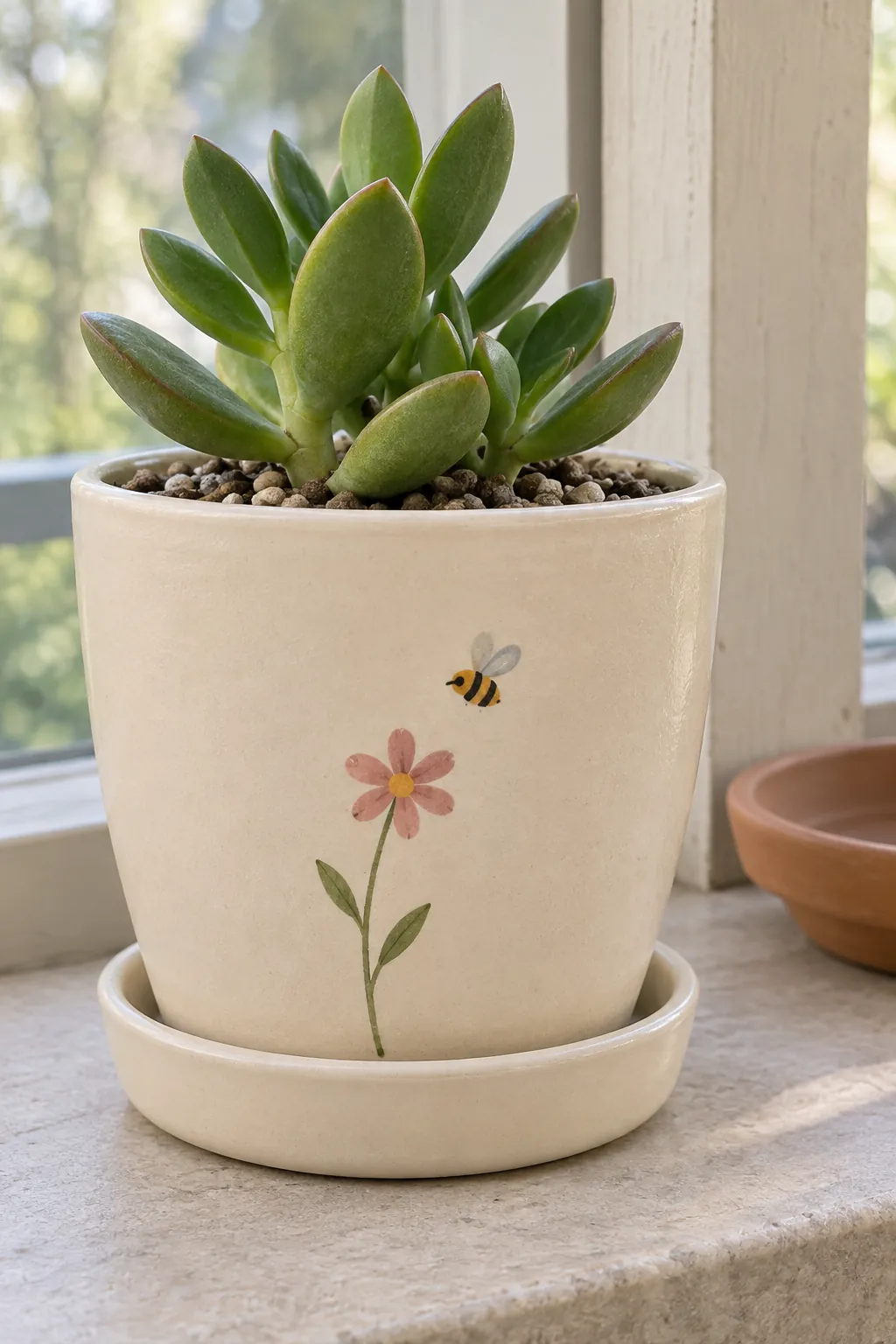 One tiny painted bee hovering above a simple flower on a medium cream pot
