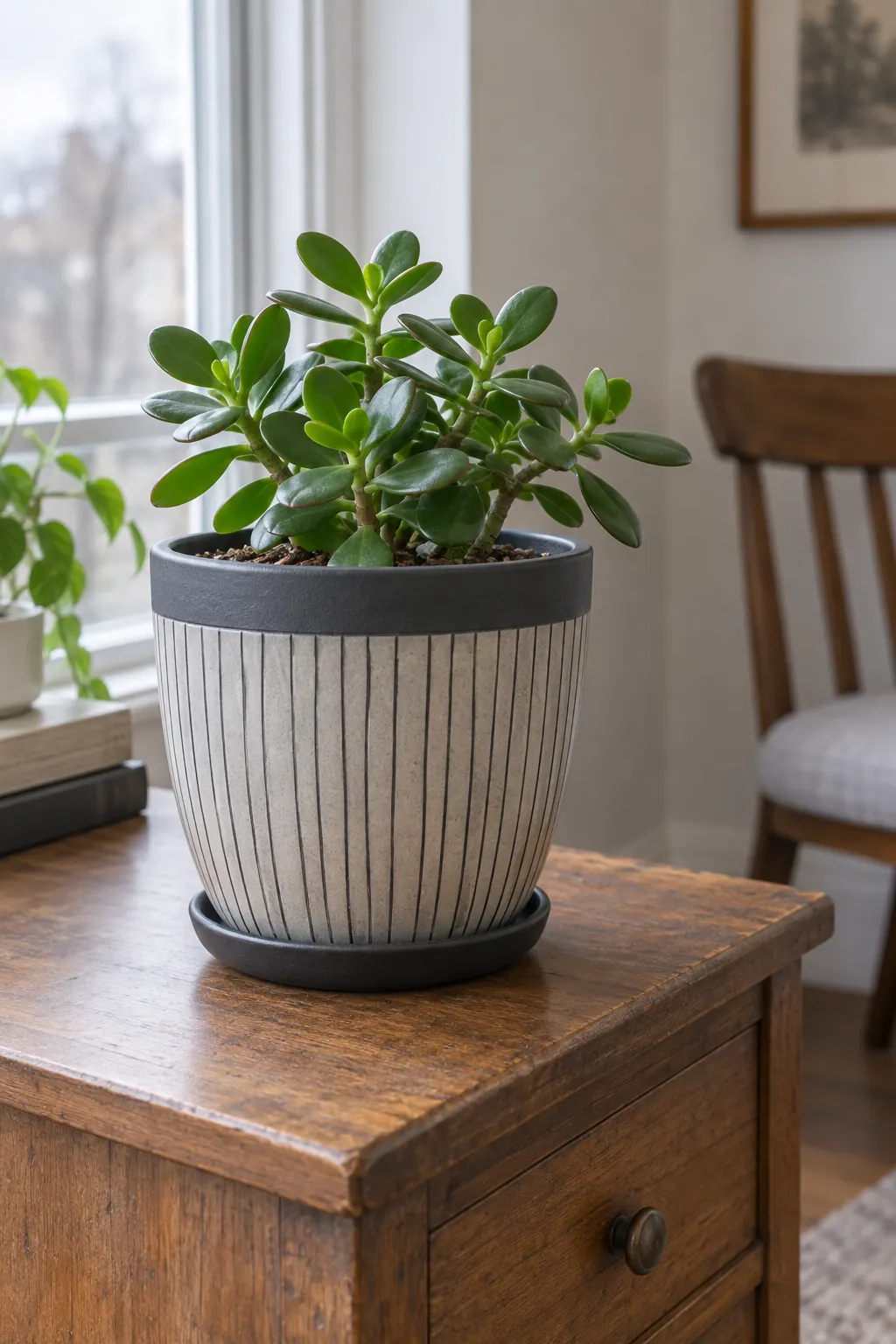 Fine vertical pinstripes and a dark rim on a refurbished ceramic succulent pot