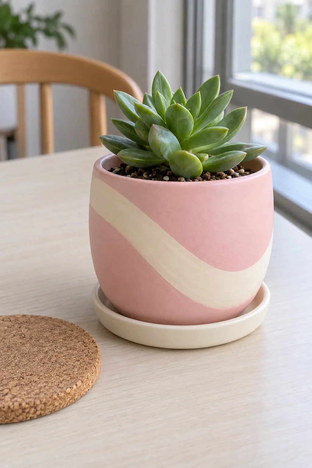 One broad cream swirl crossing a soft pink pot with a compact trailing-free succulent