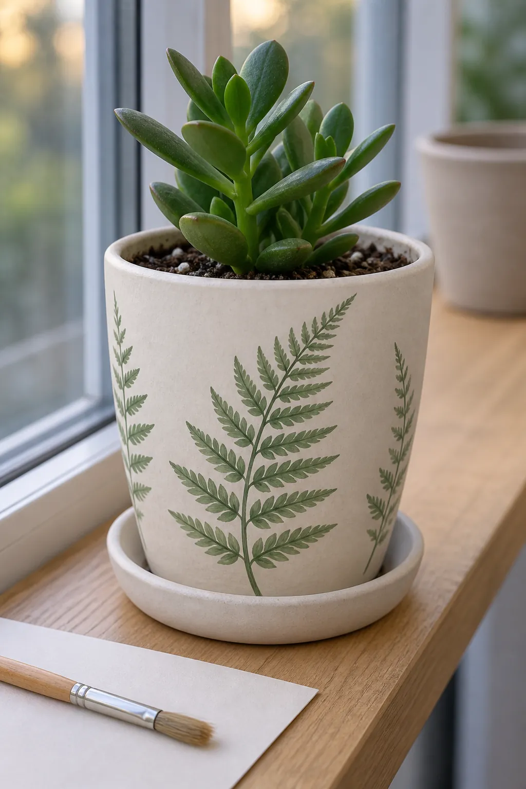 Subdued green painted fern silhouettes on a pale smooth pot with a small upright succulent