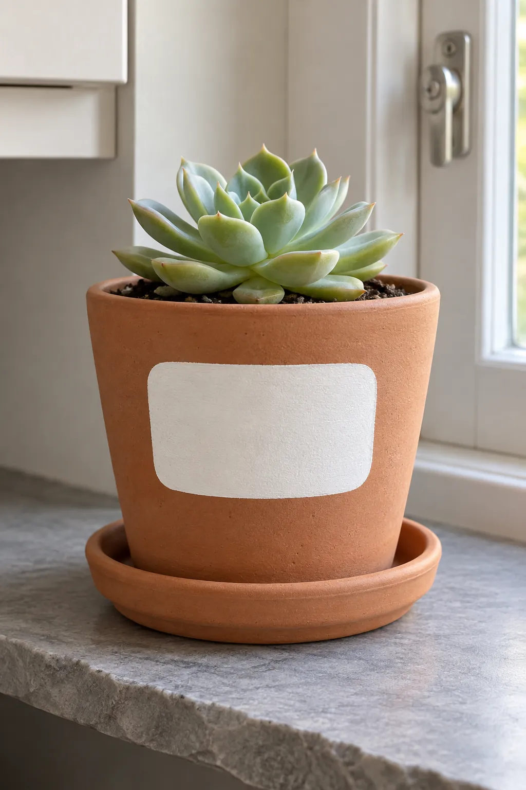 A single rounded white rectangular panel on exposed terracotta beneath a small rosette