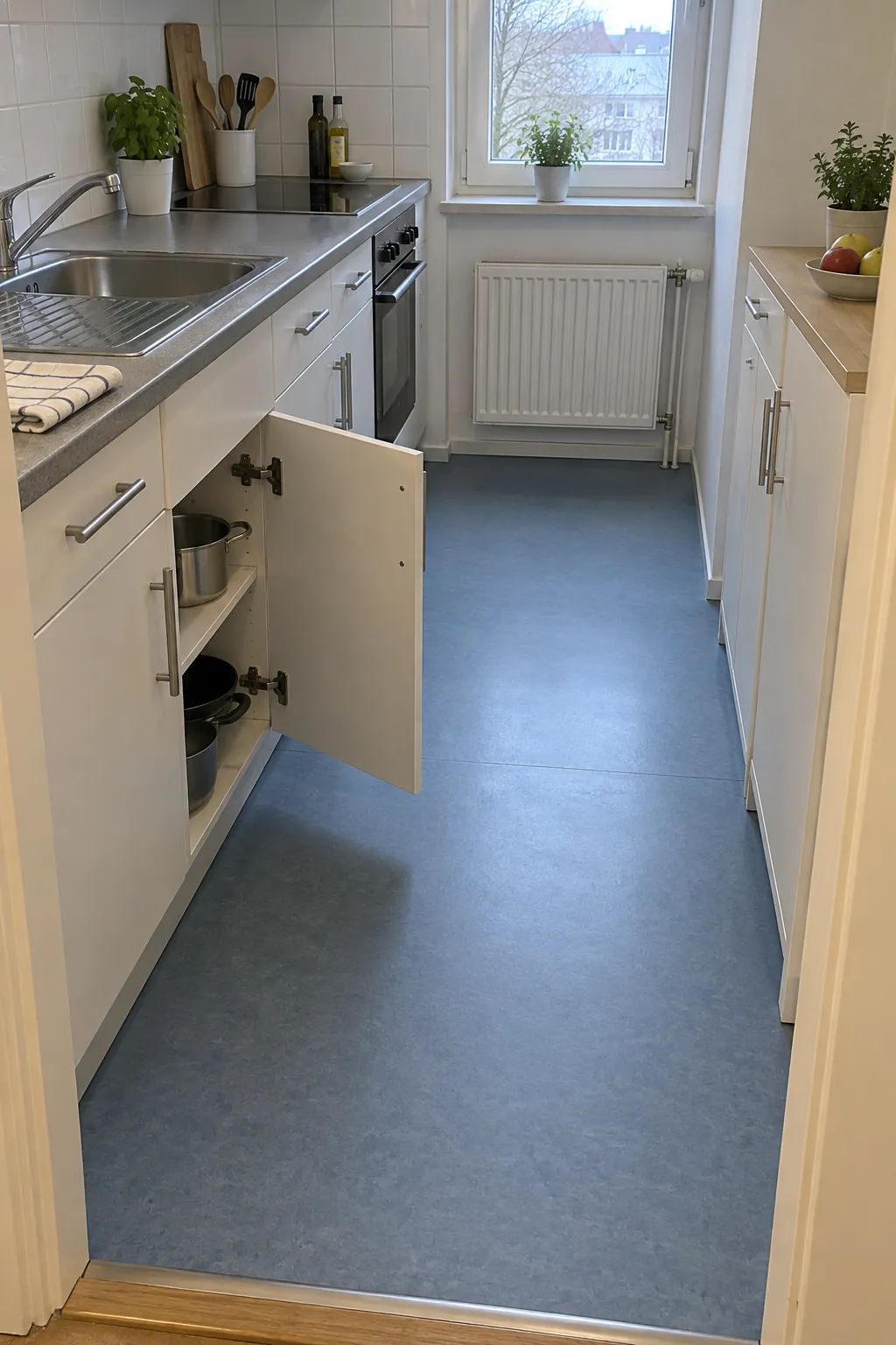 Clear walking aisle and cupboard door access in a small galley kitchen