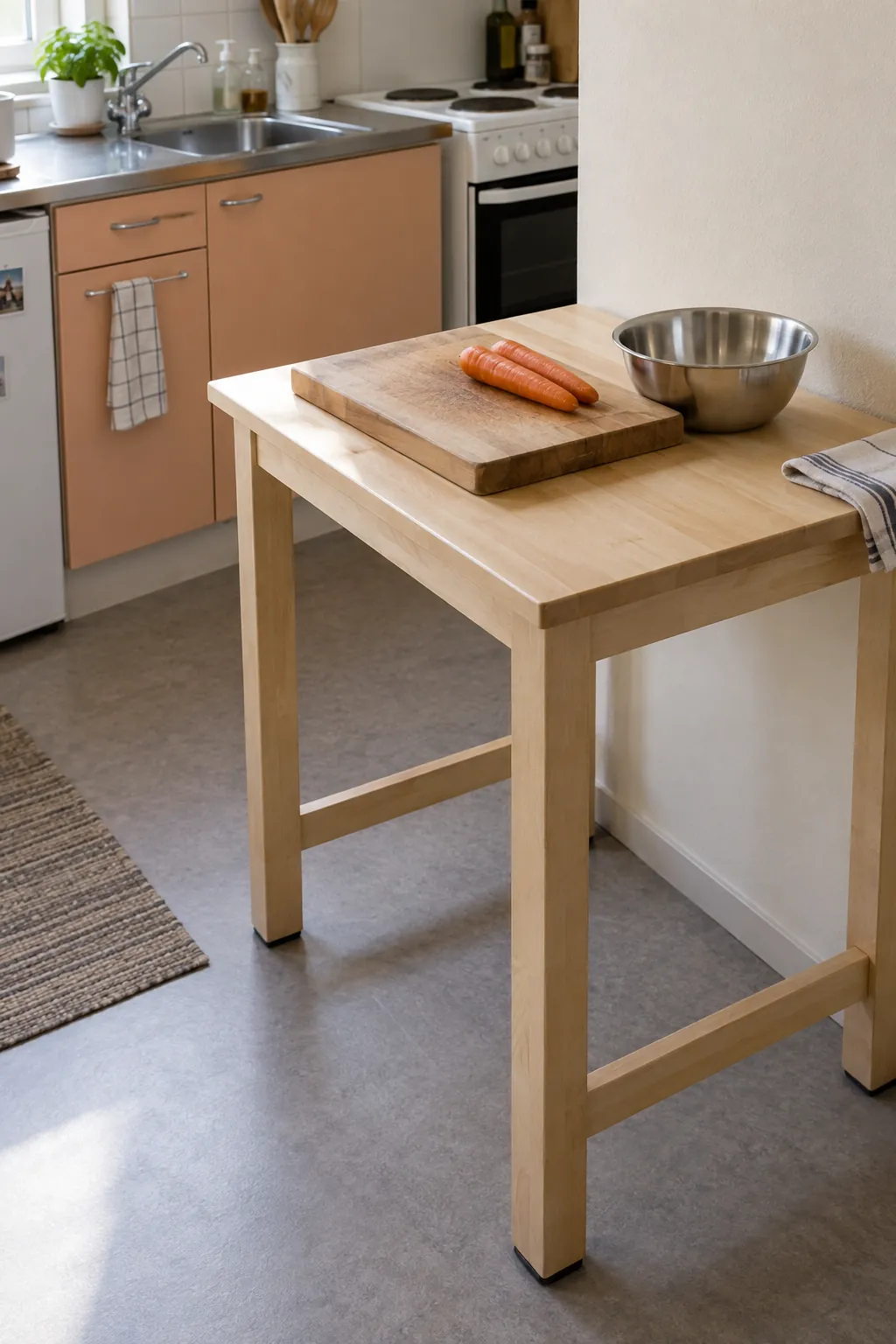 Compact stable preparation table beside a small kitchen counter