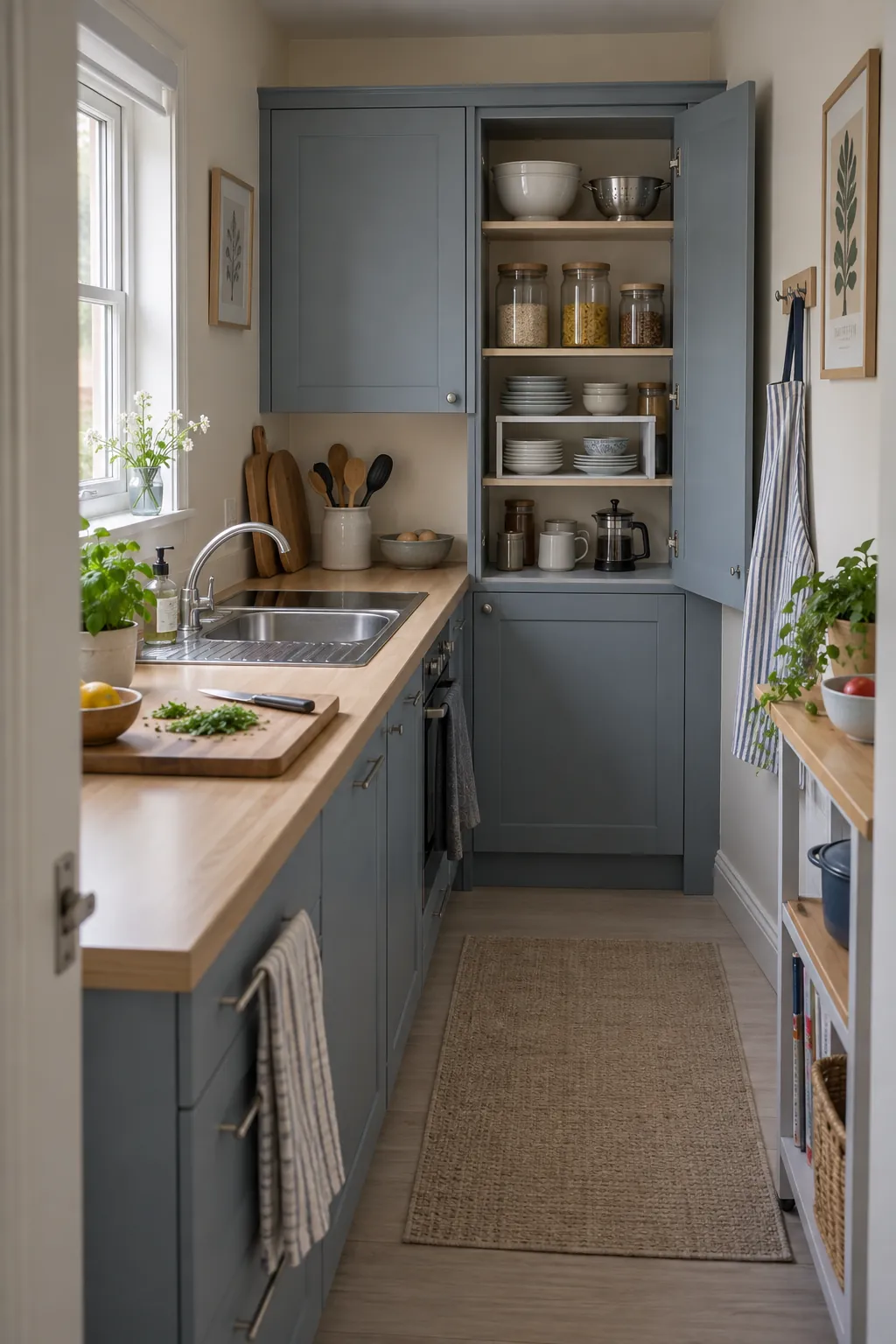 Organized small kitchen with a clear preparation counter and open aisle