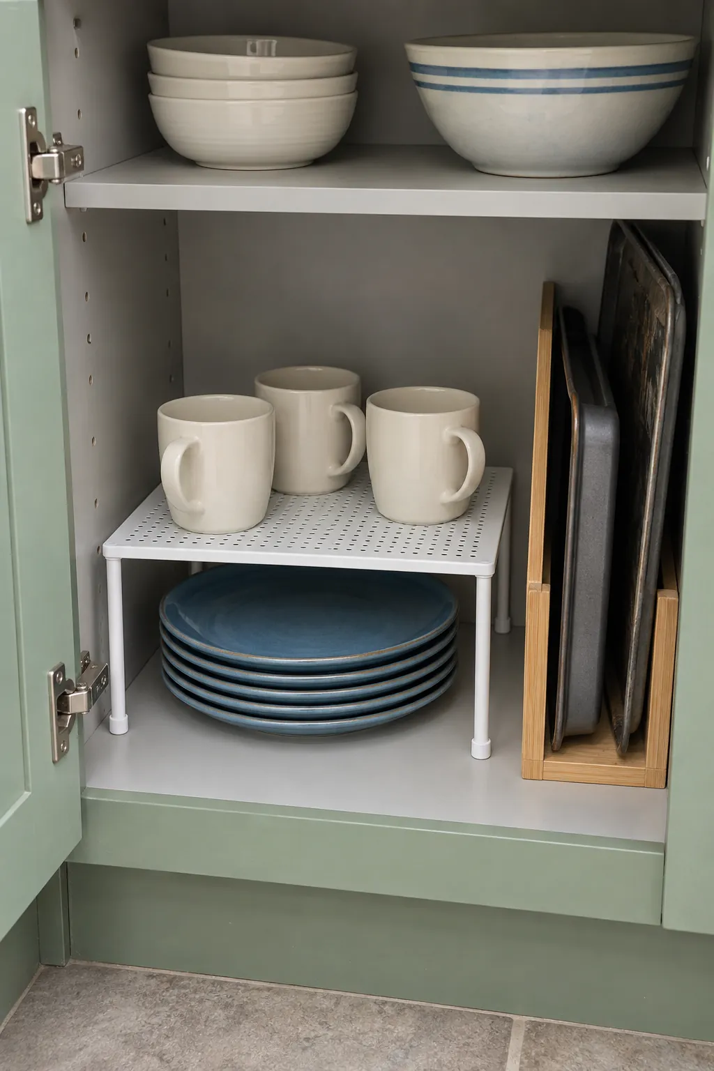 Removable shelf riser separating cups and plates in a small cabinet