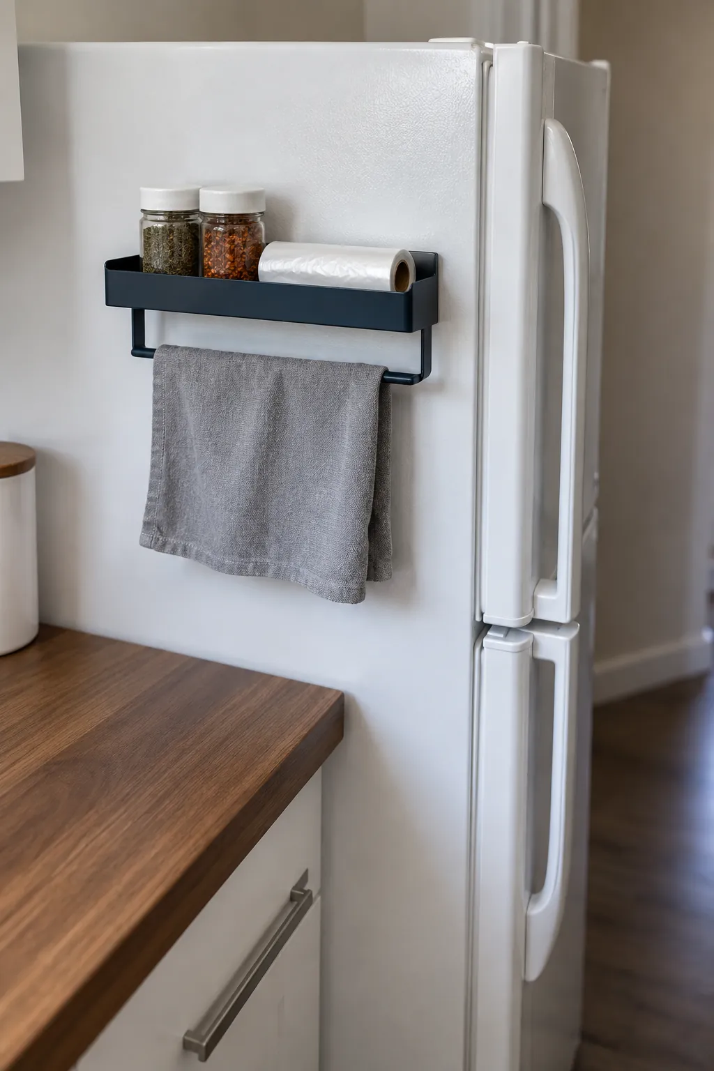 Lightly loaded magnetic shelf on a compatible refrigerator side