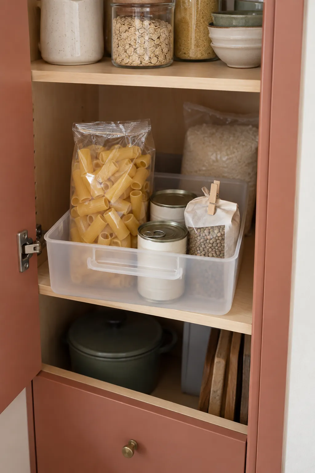 Shallow pantry bin keeping dry ingredients accessible