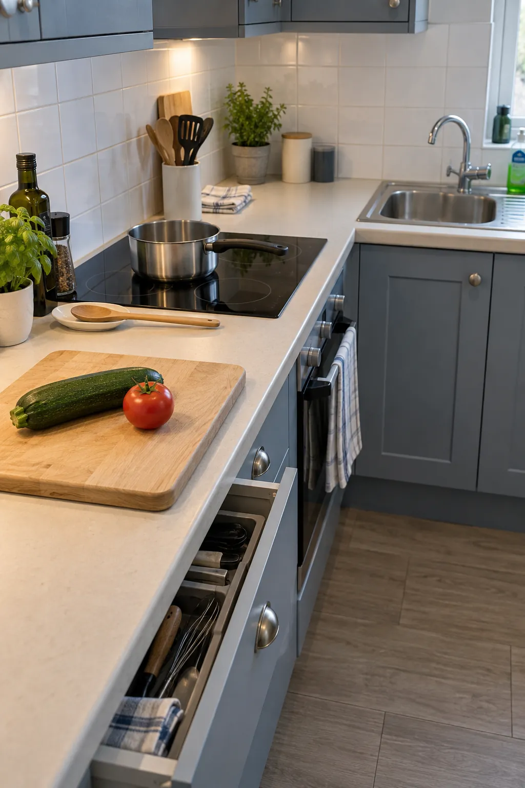 Small kitchen cooking setup with clear chopping space and reachable sink