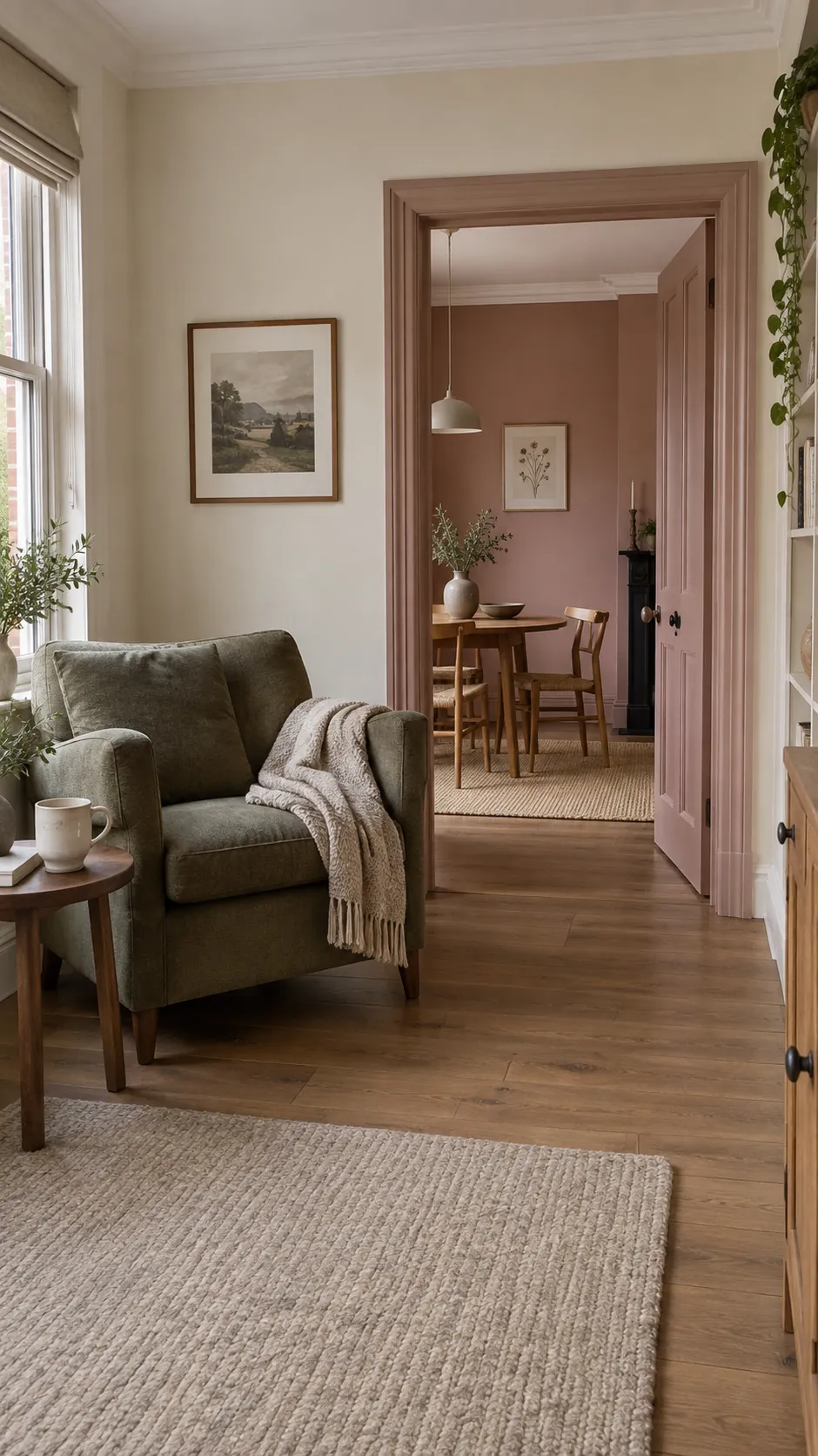 Ivory and olive sitting room connected to a dusty rose dining room
