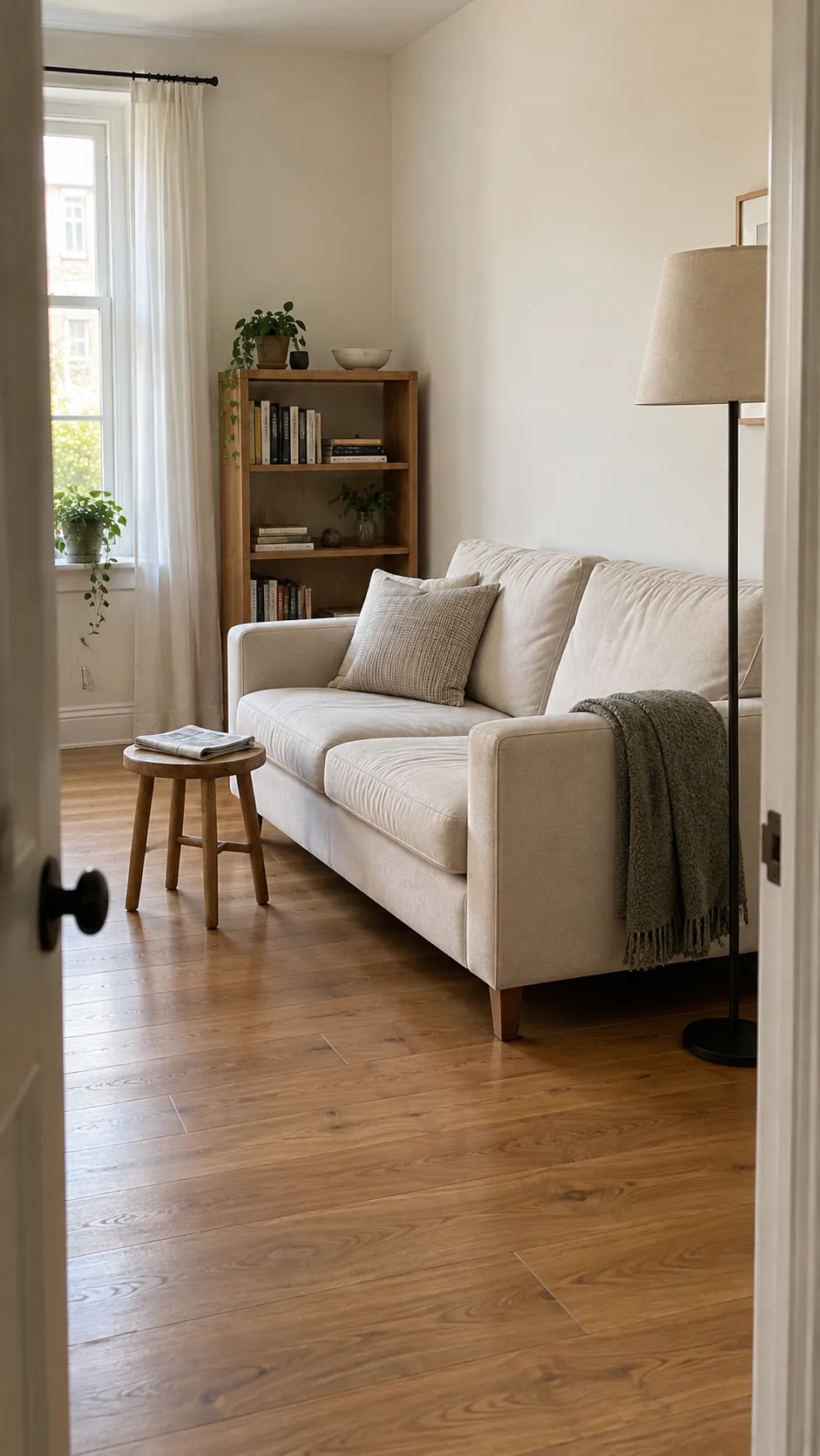 A compact apartment living room with ivory walls, a pale sofa, oak floor and thin black floor lamp