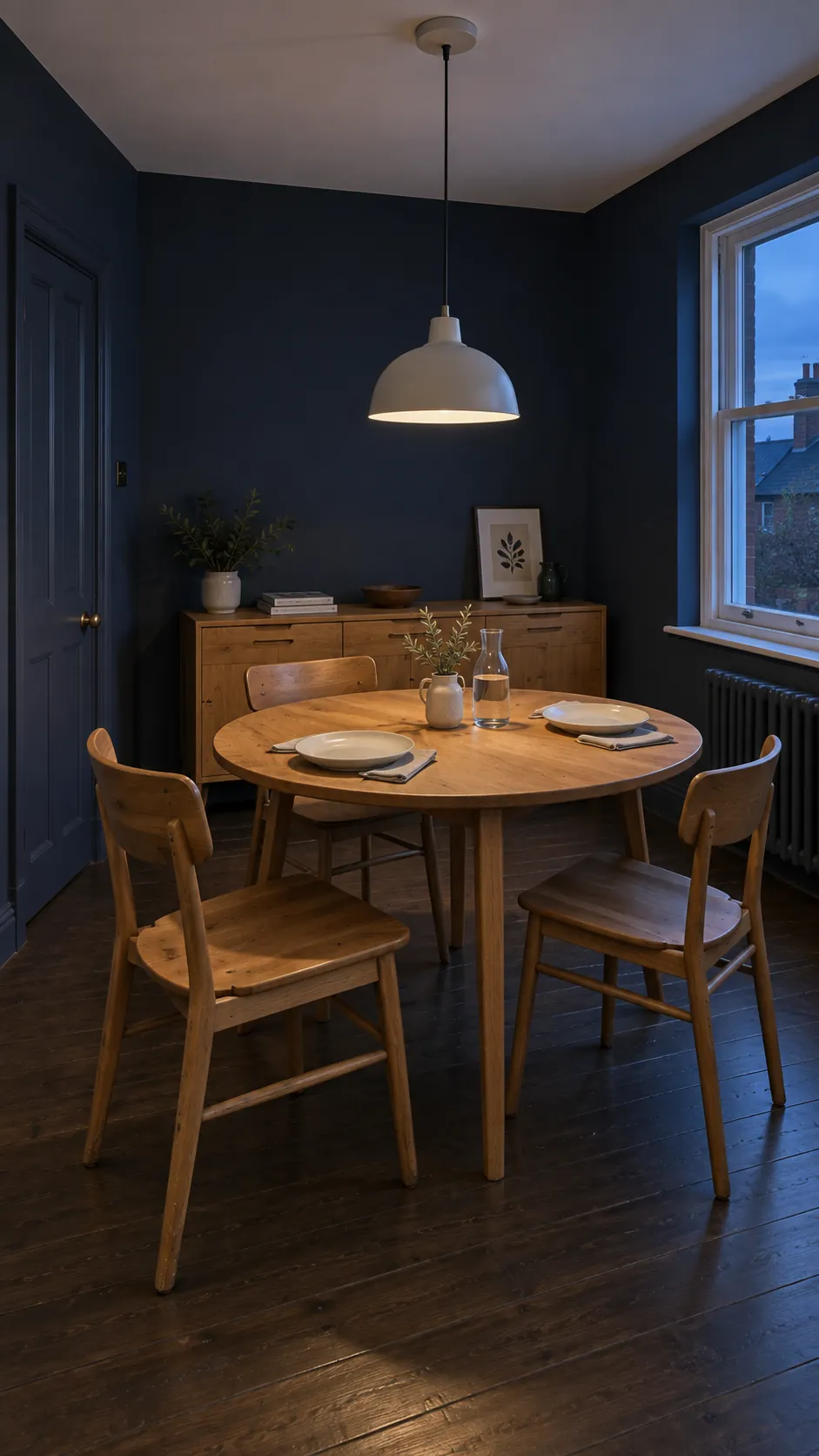 Navy dining room with chalk ceiling and caramel oak furniture