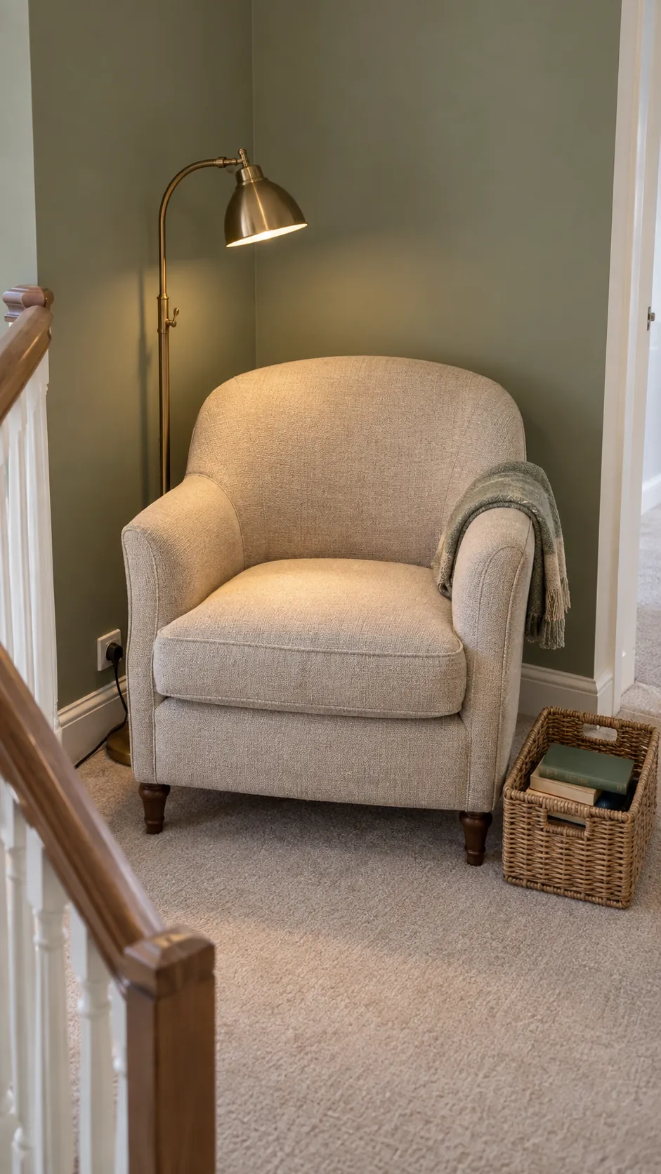 Sage reading alcove with an oatmeal chair and aged brass task lamp