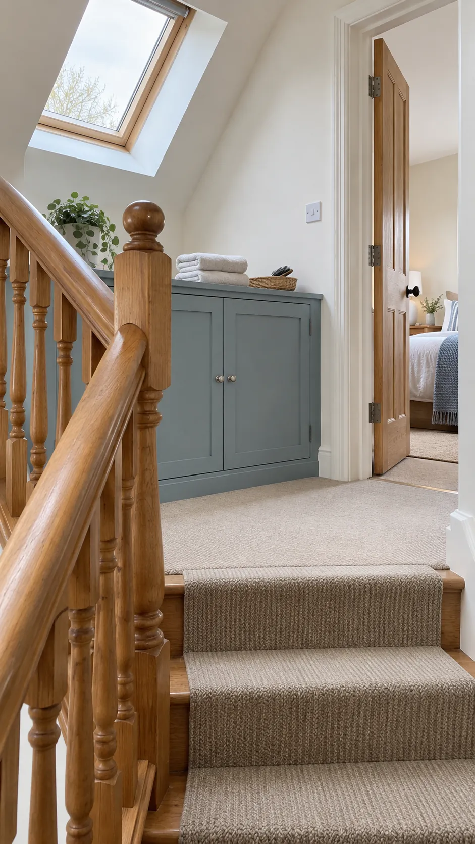 Dusty blue landing cupboard beside honey pine stair rail and warm white walls