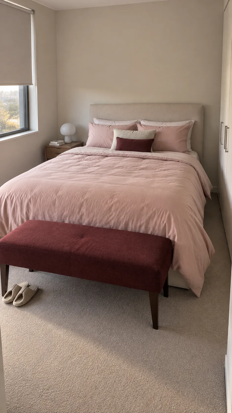 Blush bedding and burgundy bench against pale stone bedroom walls