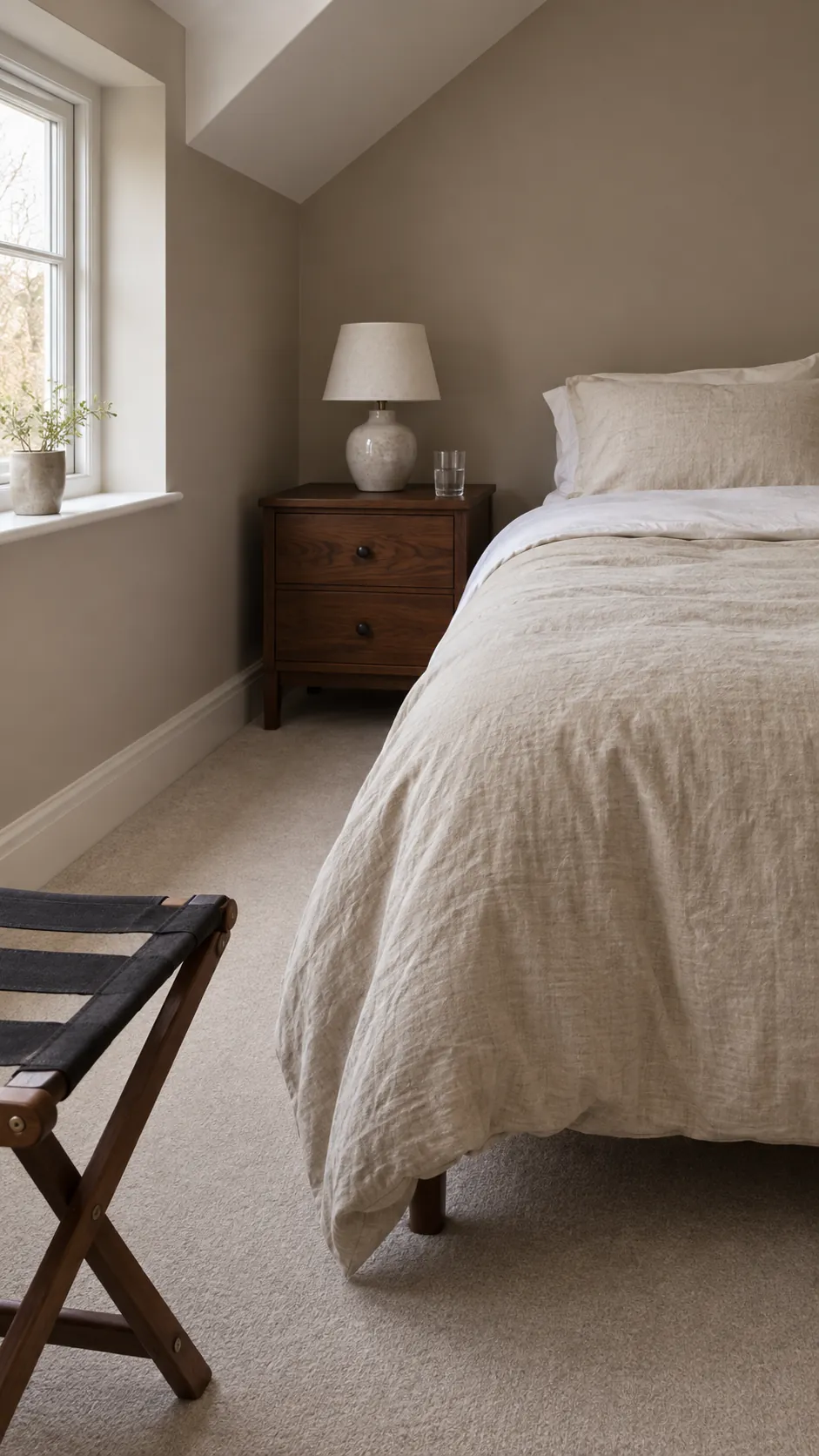 Mushroom guest bedroom with linen bedding and walnut bedside chest