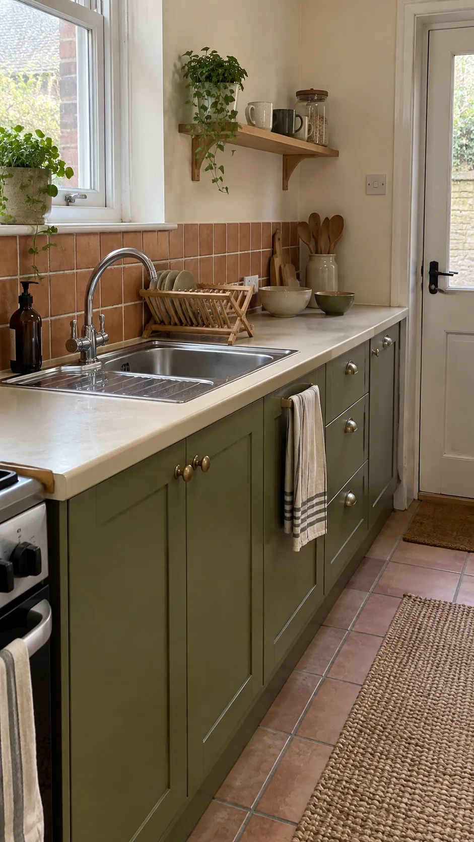 Cream kitchen with olive cabinets and a terracotta tiled backsplash