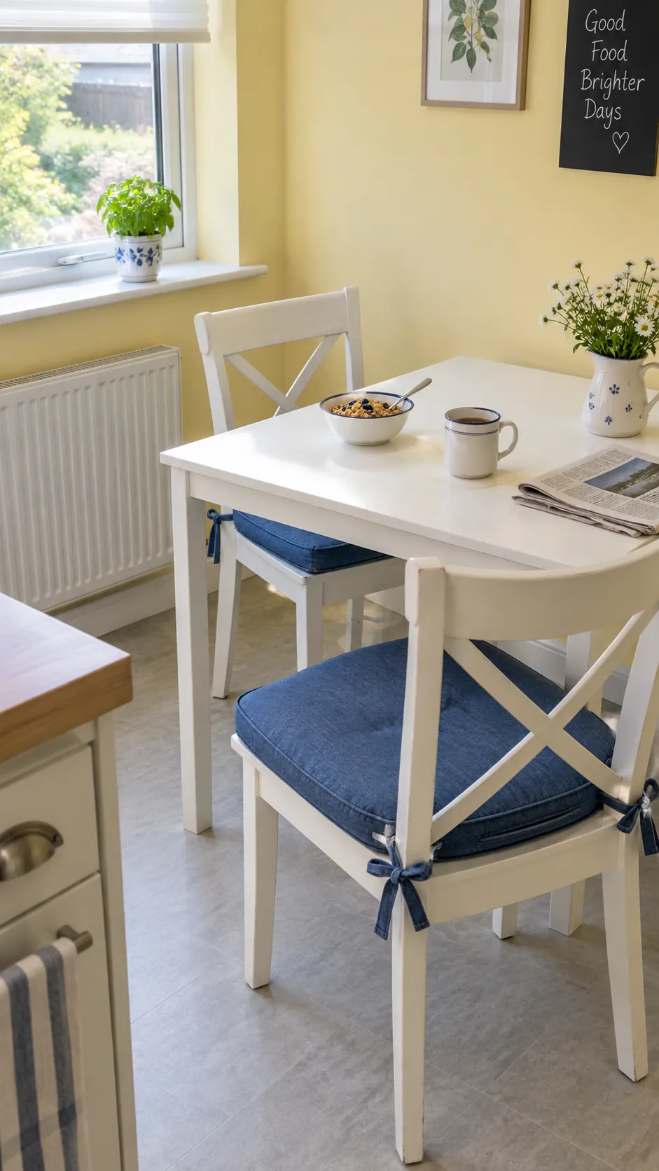 Butter yellow breakfast corner with white table and denim blue seat cushions