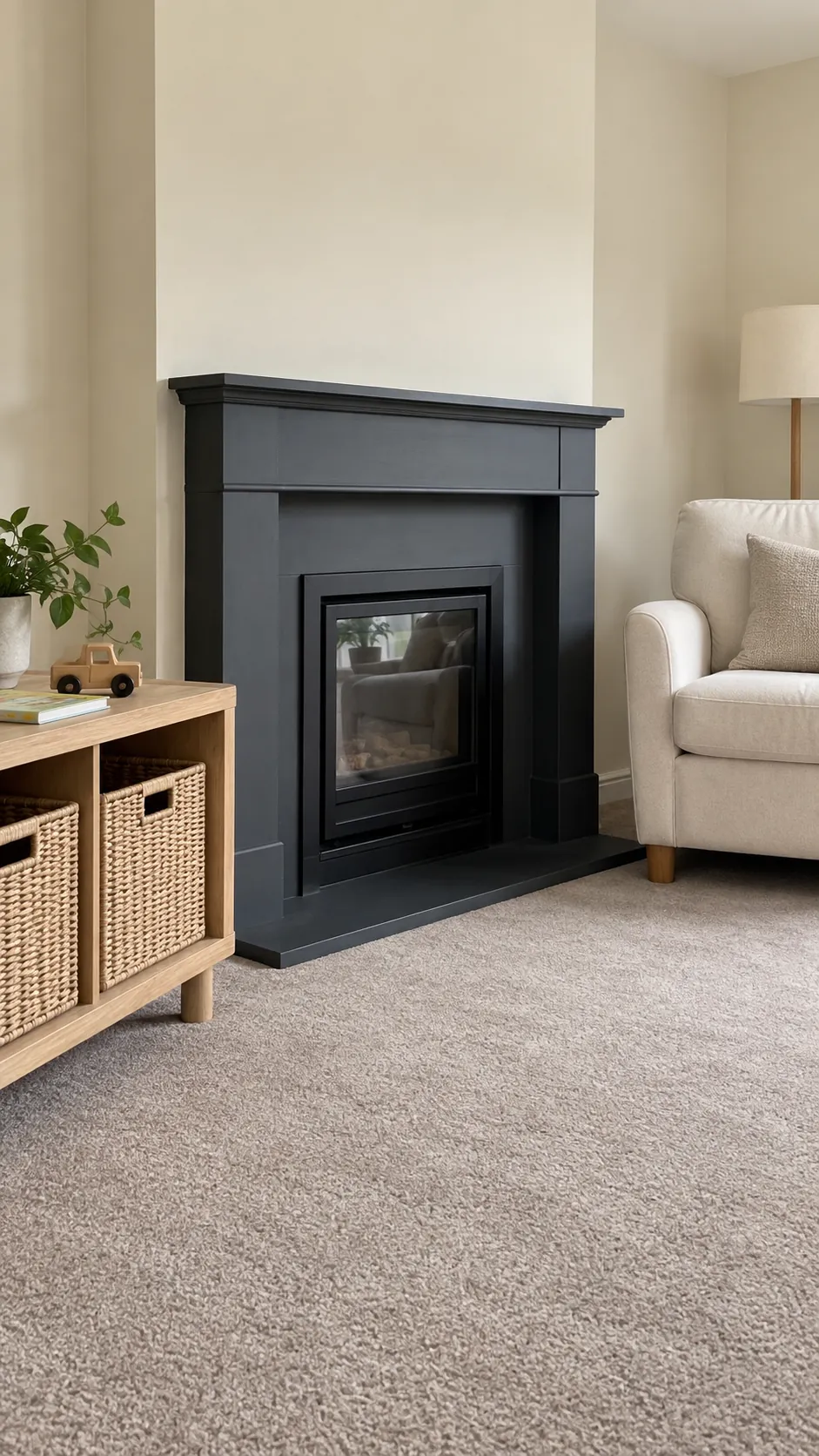 Charcoal fireplace beside ivory seating and pale ash toy storage