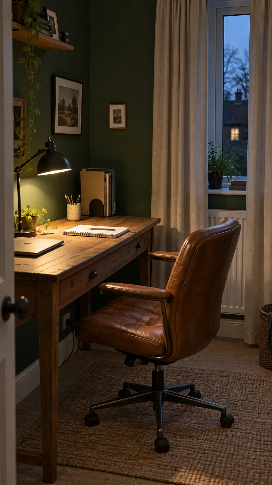 Forest green home study with putty curtains and cognac leather chair