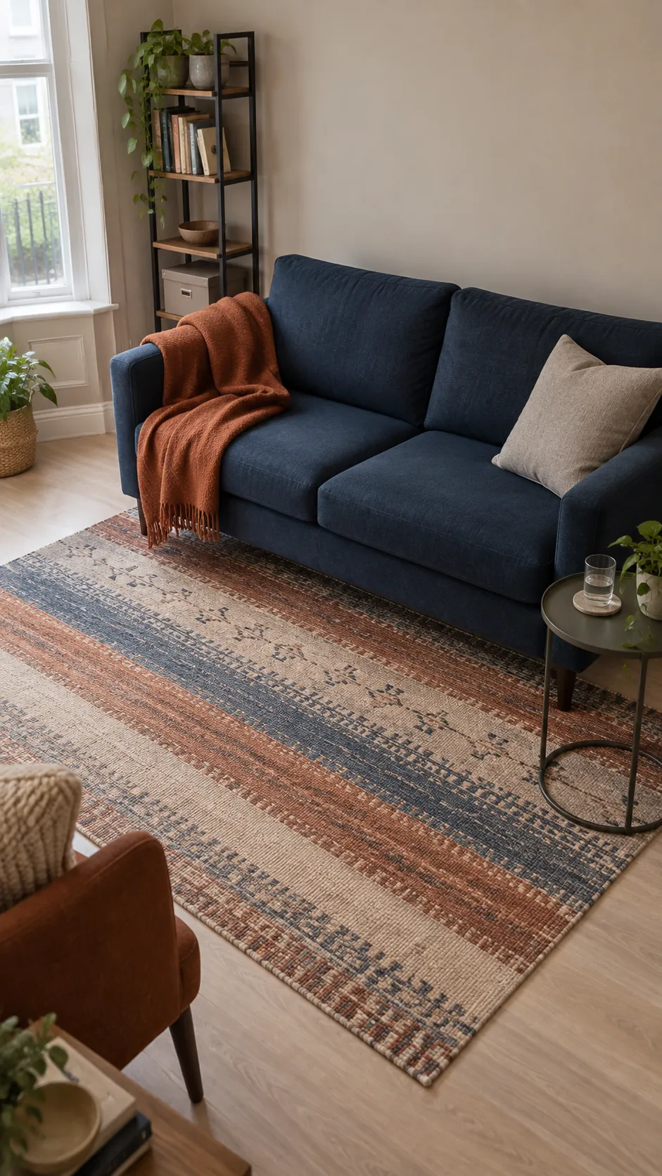 Greige rental lounge with ink blue sofa and rust wool throw