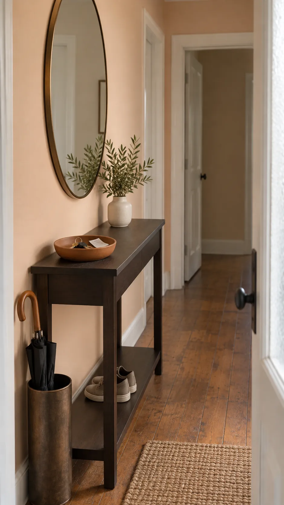 Pale peach hallway with espresso console and clay ceramic key dish