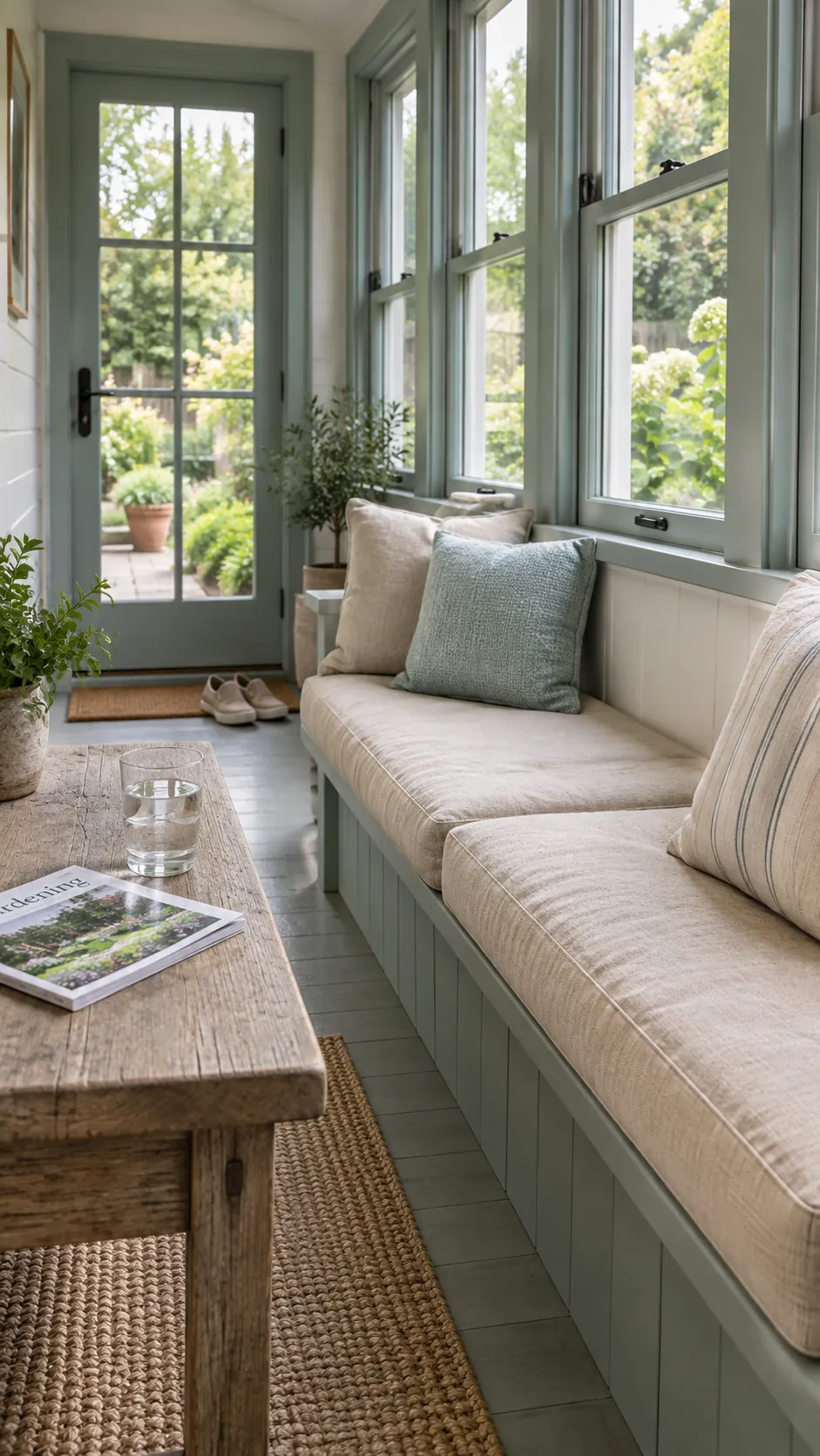 Sea glass sunroom trim with sand cushions and weathered oak table