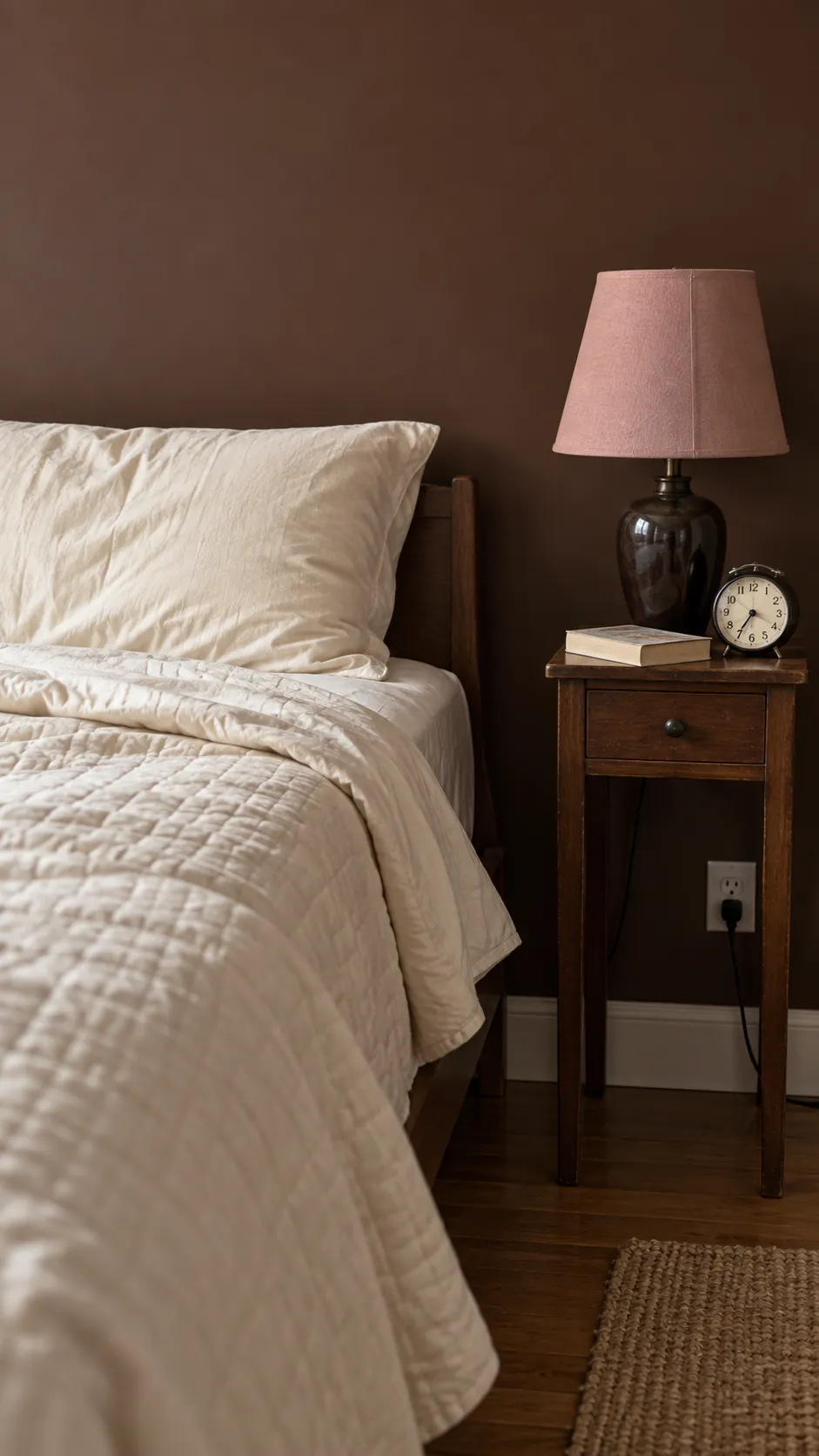 Chocolate bedroom wall with cream bedding and faded pink bedside shade