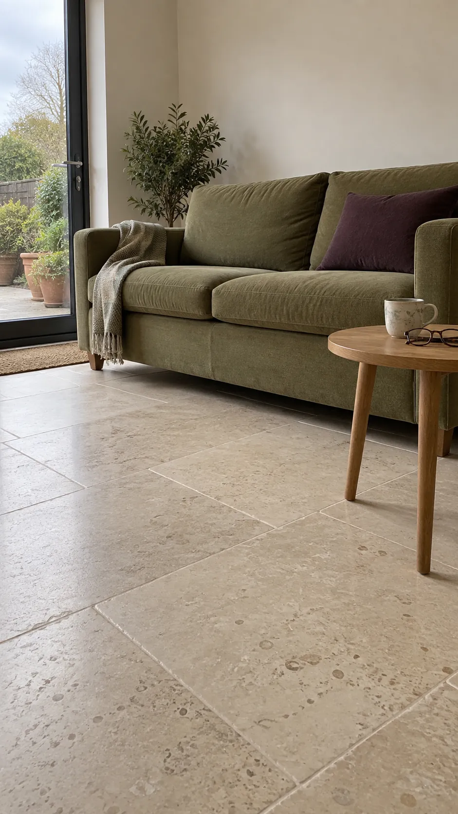Olive sofa with aubergine cushion above warm limestone flooring