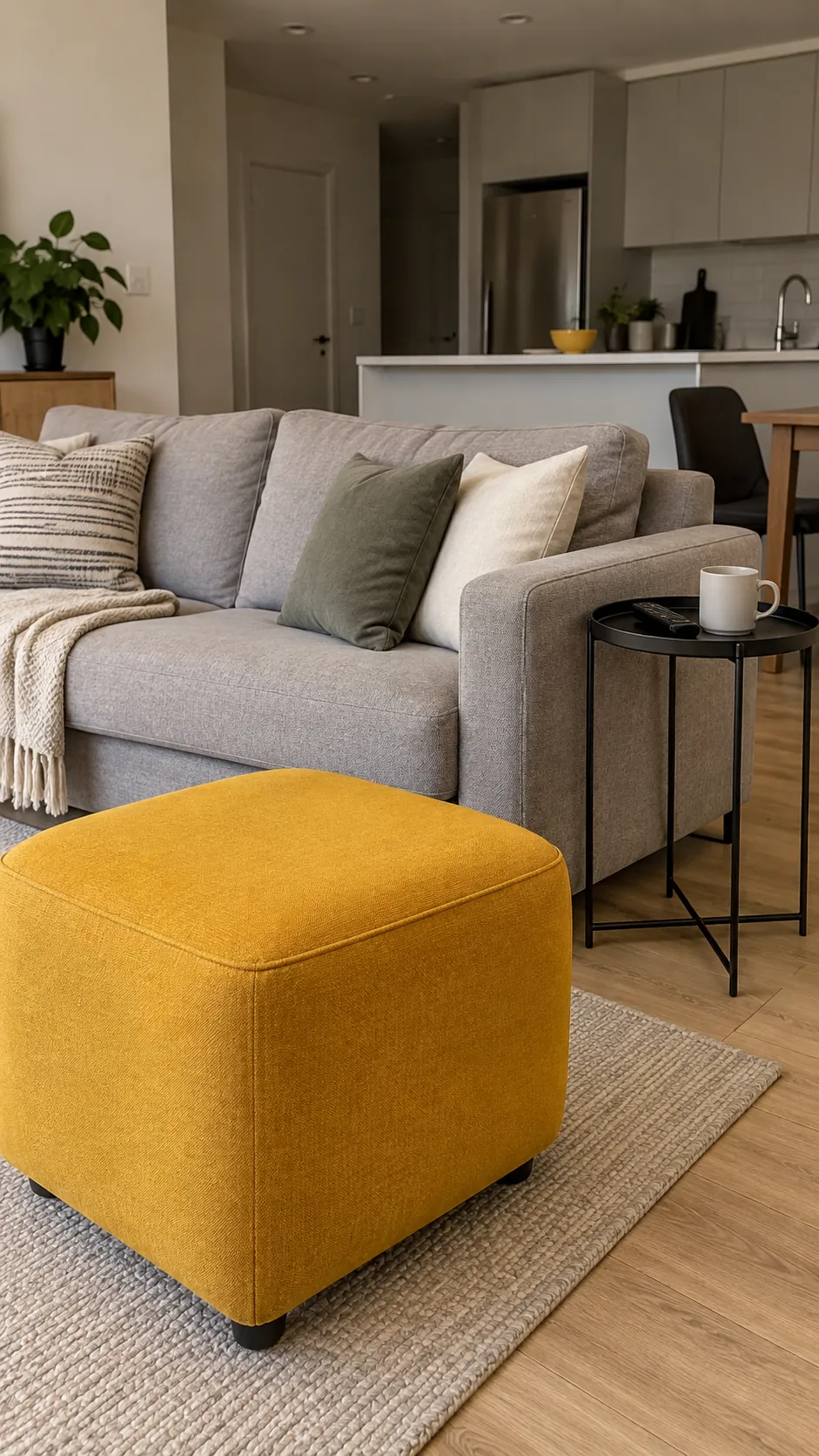 Warm gray sofa with marigold ottoman and slim black side table