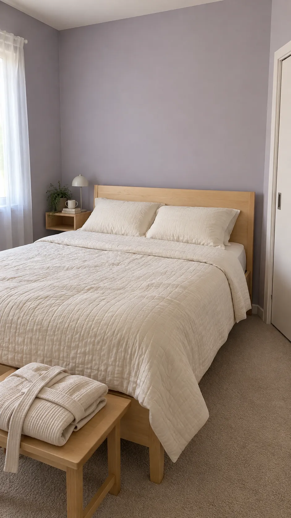 Lavender gray bedroom with cream quilt and light maple bed frame