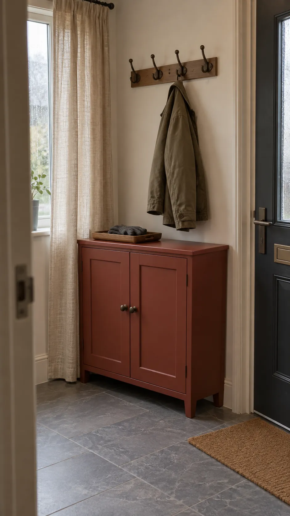 Brick red entry cabinet with flax curtain and dark bronze coat hooks