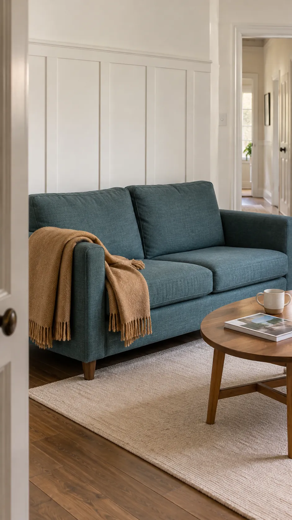 Teal sofa with camel wool throw against ivory wall paneling