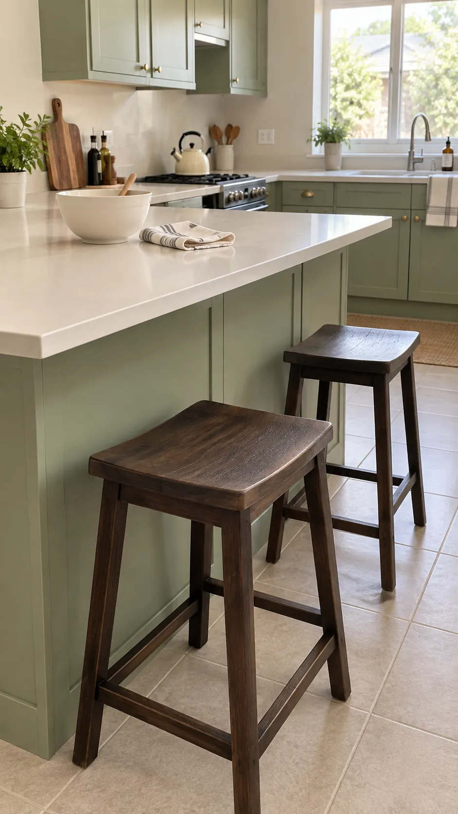Pistachio kitchen cabinets with warm white counter and cocoa wooden stools