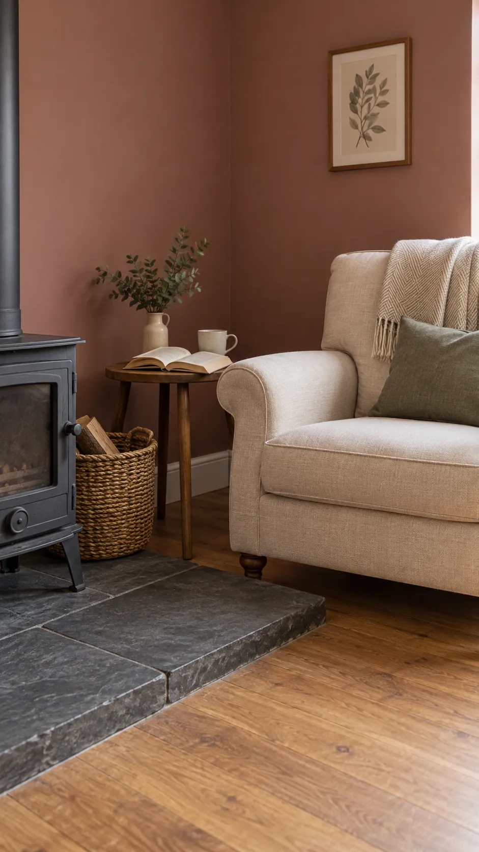 Rose brown reading corner with ecru armchair and slate hearth